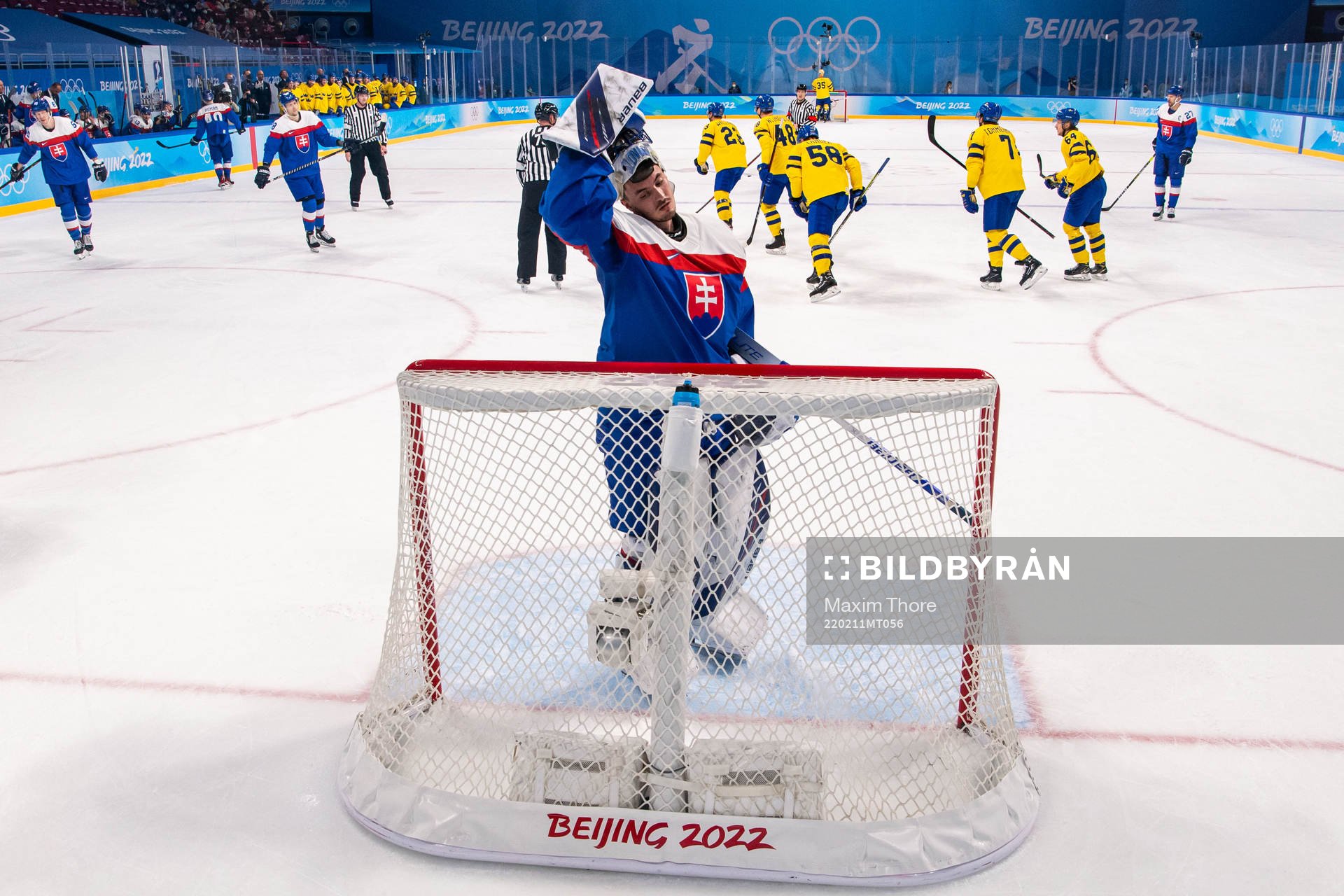 goaltender Matej Tomek of Slovakia looks dejected