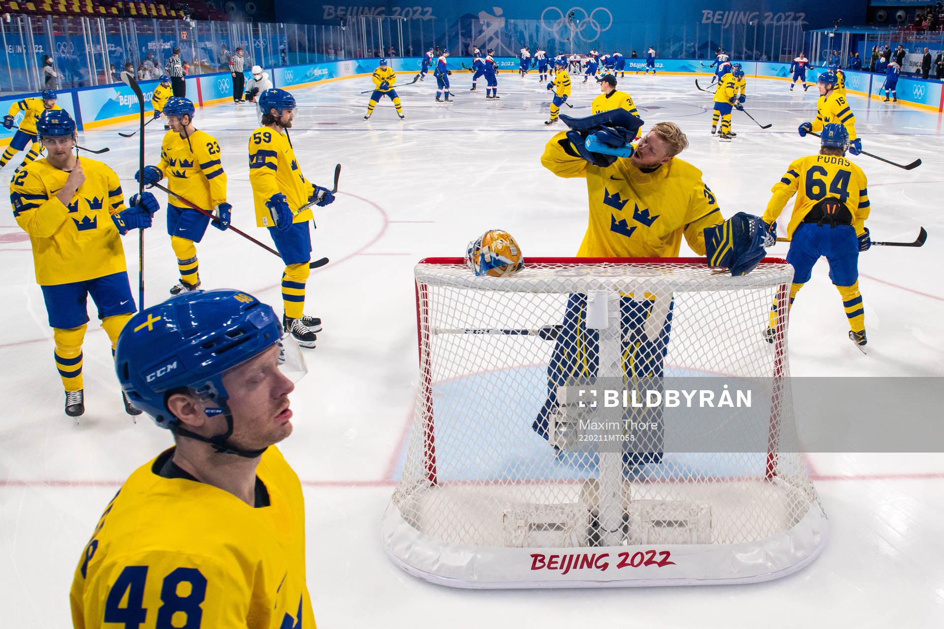 Carl Klingberg and goaltender Magnus Hellberg of Sweden