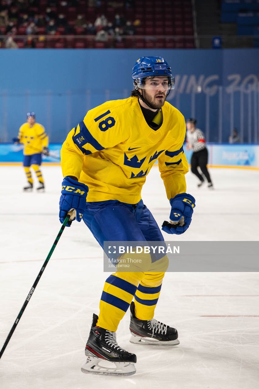 Dennis Everberg of Sweden in an ice hockey preliminary