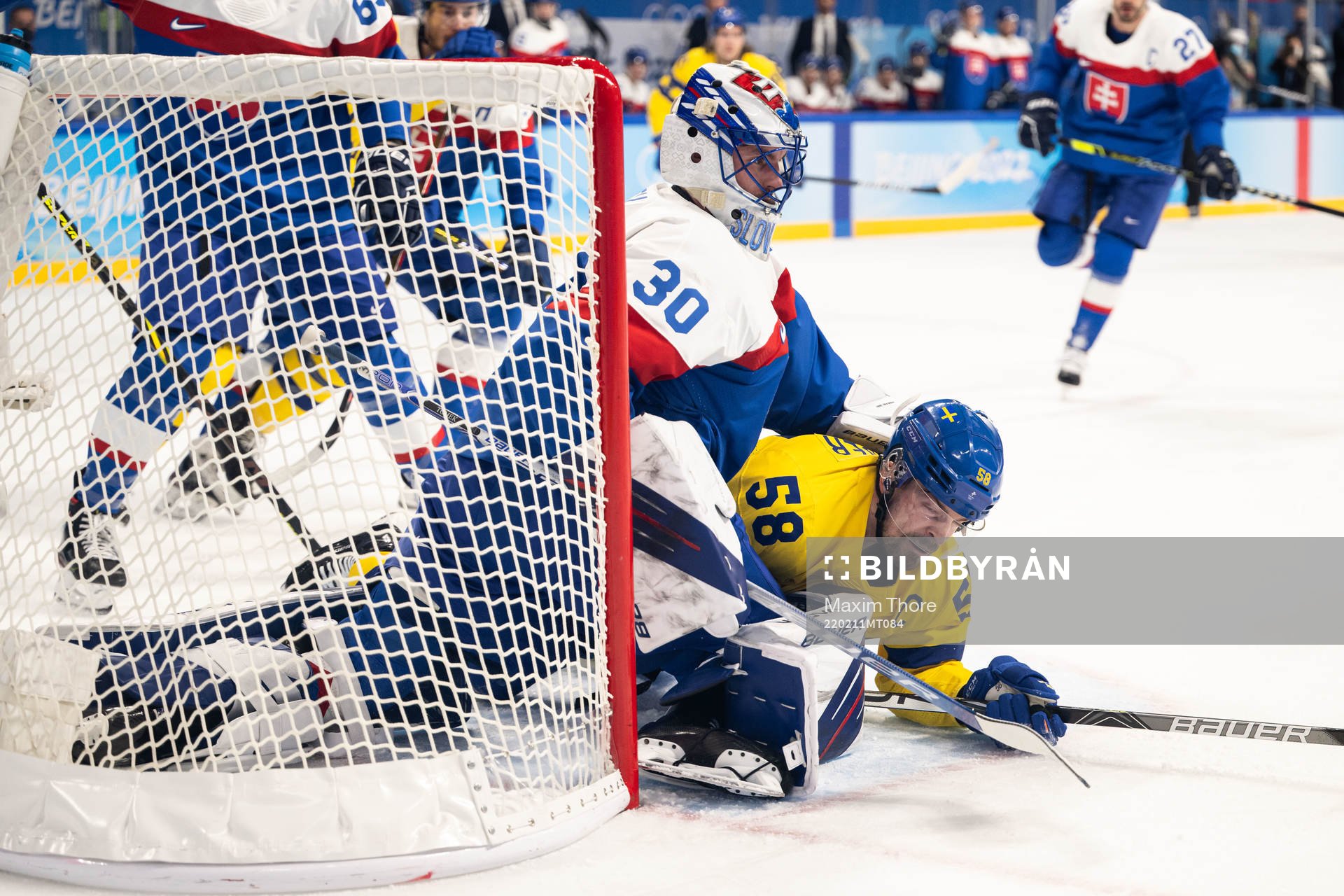 Goaltender Matej Tomek of Slovakia and Anton Lander of
