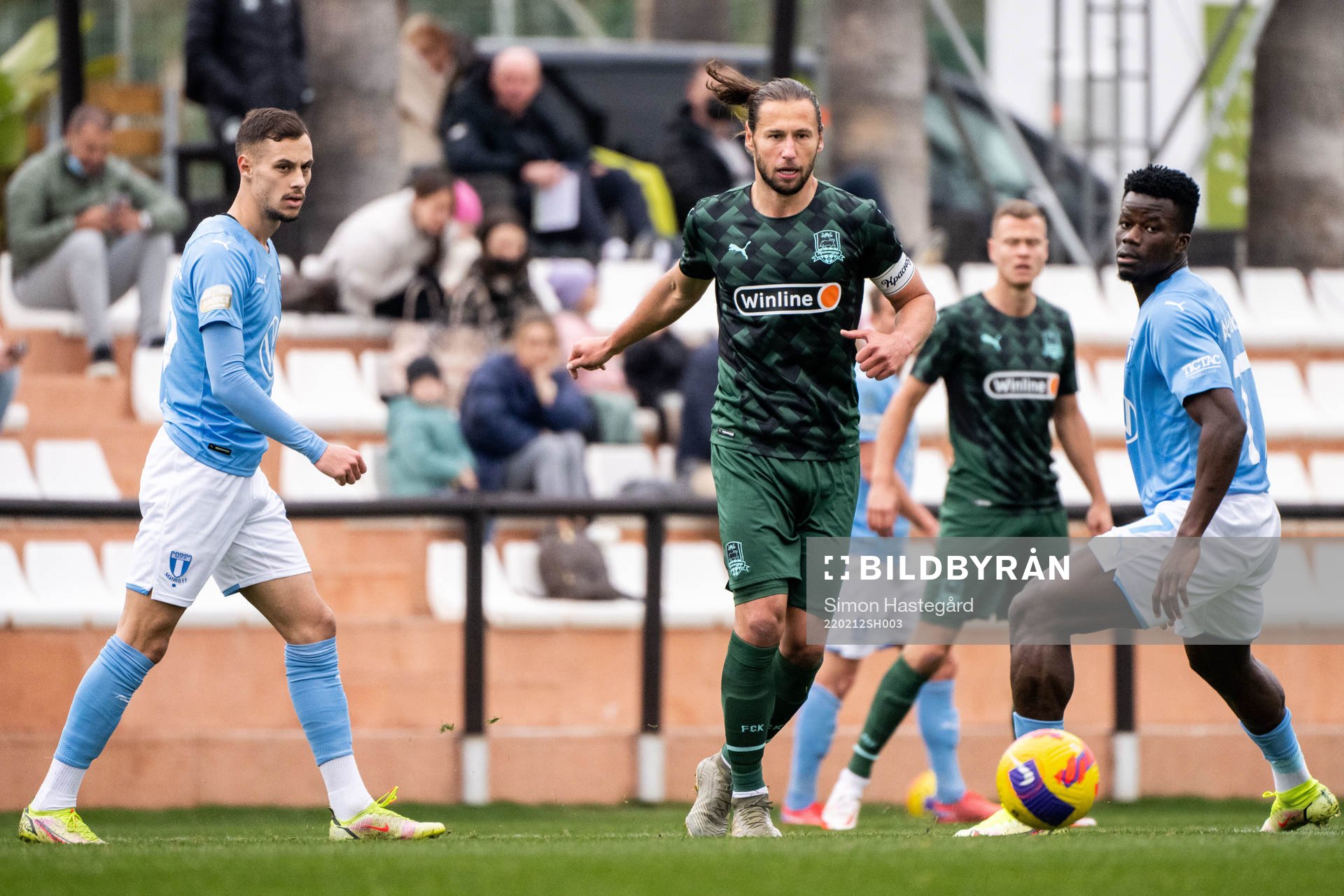 Grzegorz Krychowiak of Krasnodar and Veljko Birmancevic and Malik Abubakari of Malmö FF during the Friendly match between Malmö FF and Krasnodar on February 12, 2022 in Marbella.