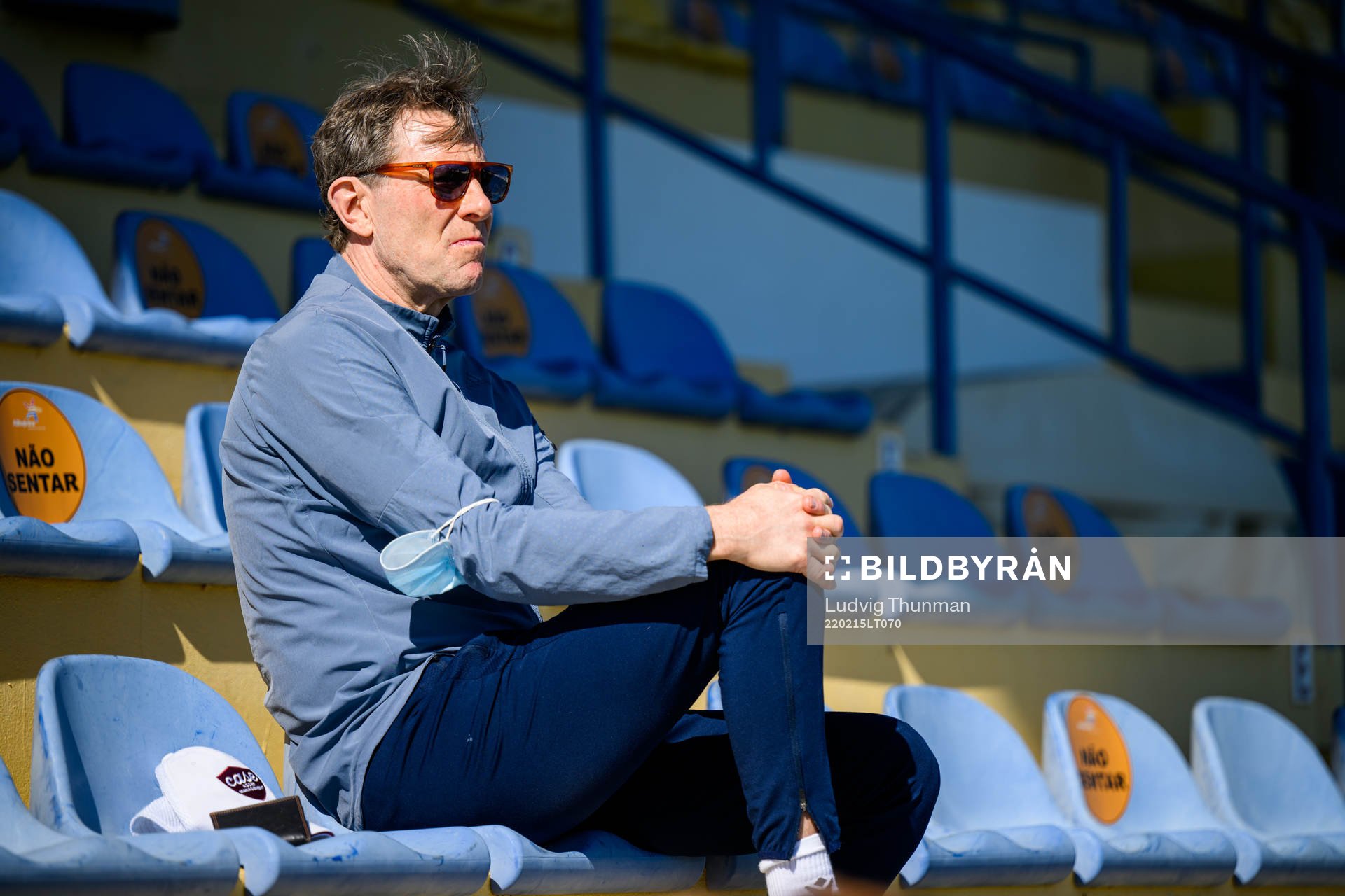Faroe Islands head coach Håkan Ericson on the stands during a training session with the women's national football team of Sweden on February 15, 2022 in Ferreiras.