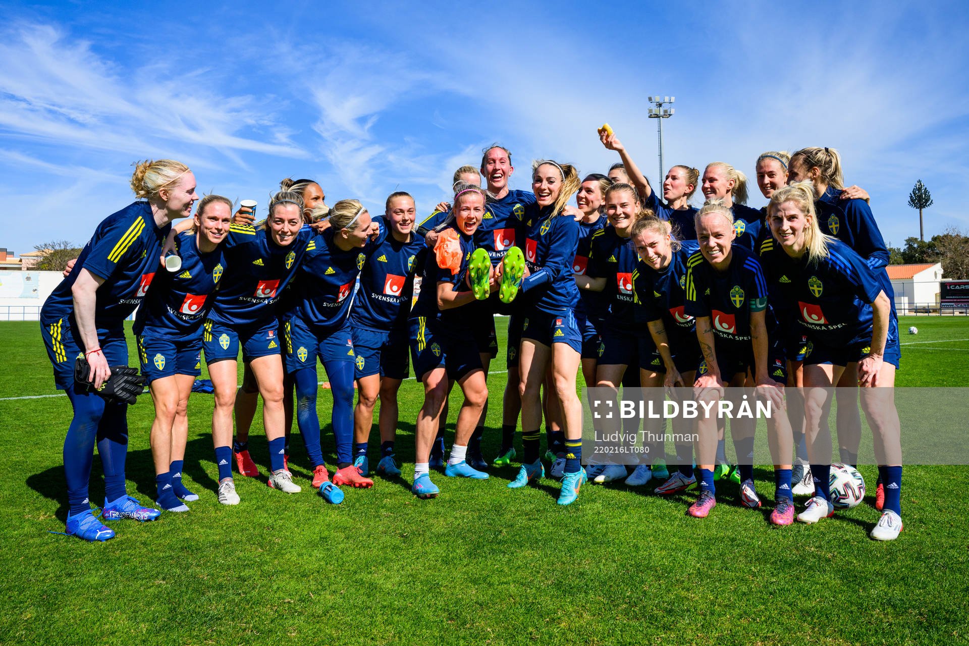 Players of Sweden pose for a group birthday photo