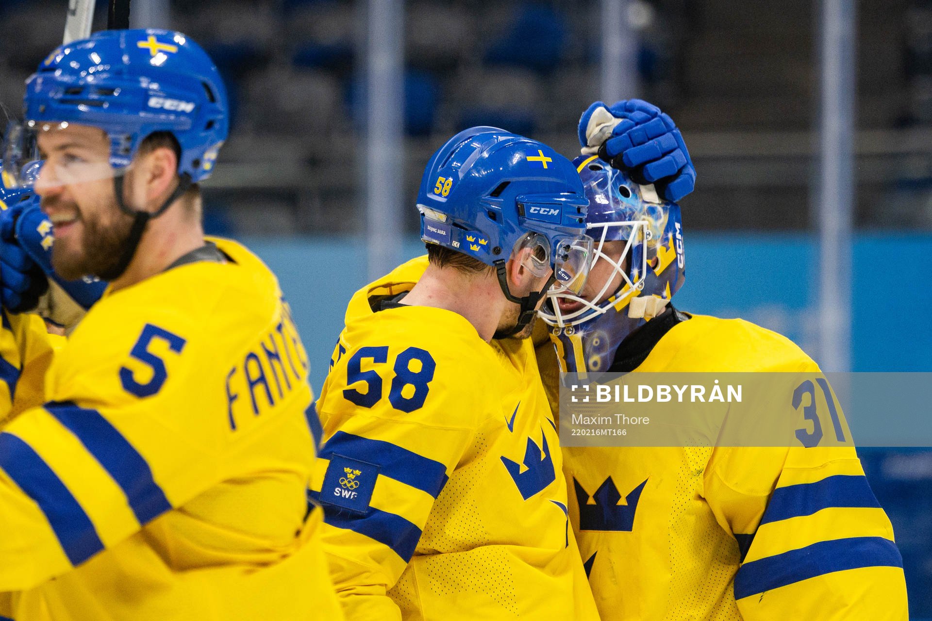 Anton Lander and goaltender Lars Johansson of Sweden