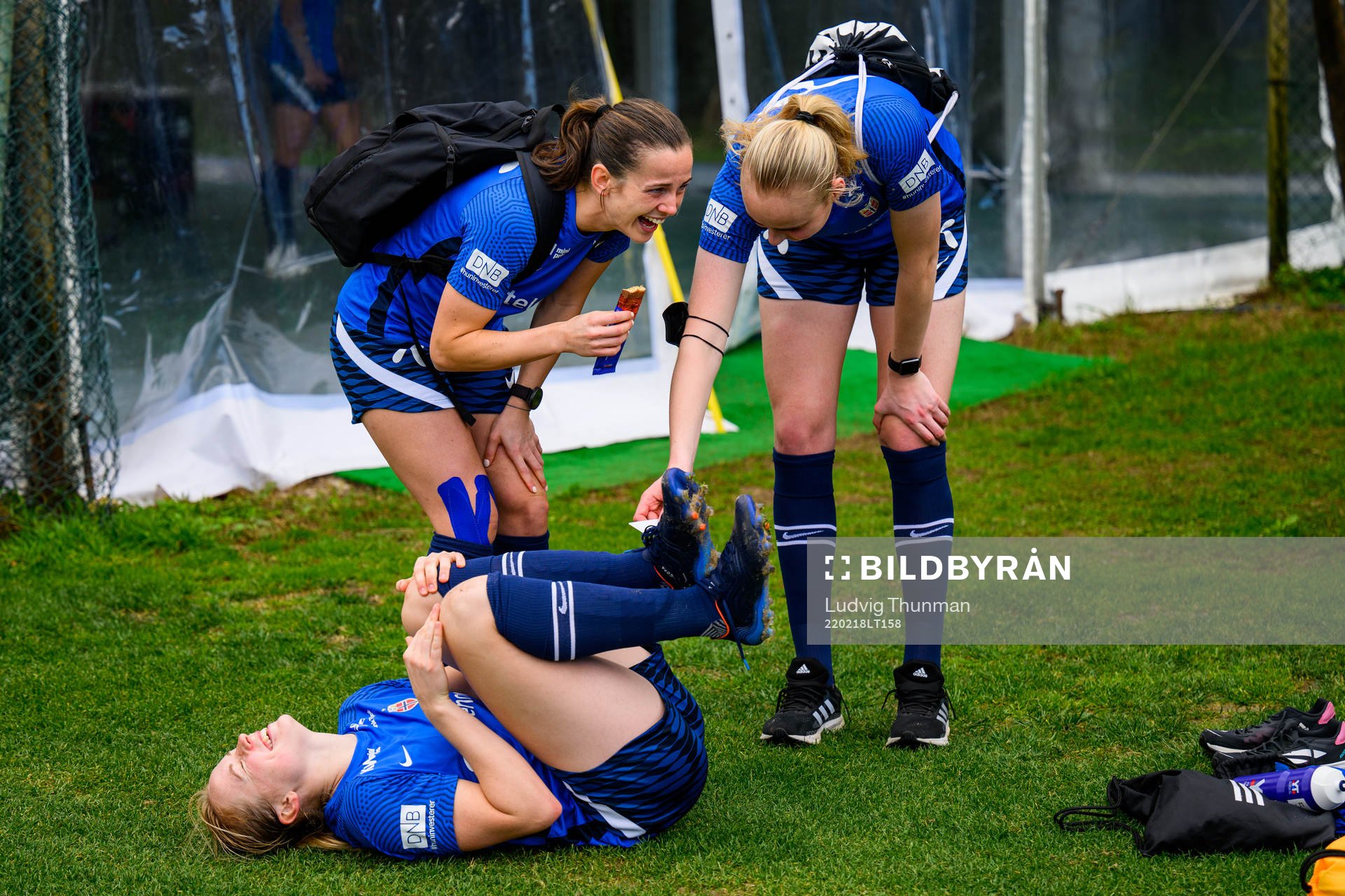 Tuva Hansen, Julie Blakstad and Emilie Bragstad after a training session with the Norwegian women's national football team on February 18, 2022 in Alvor.