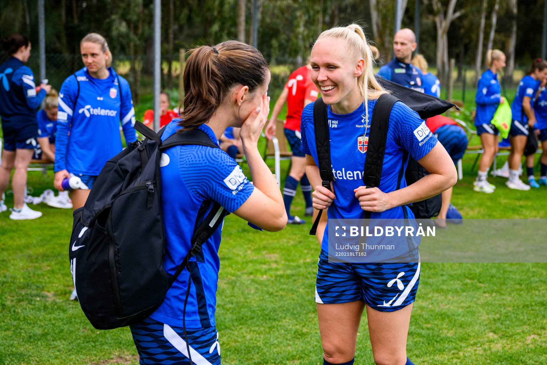 Tuva Hansen and Maria Thorisdottir after a training session with the Norwegian women's national football team on February 18, 2022 in Alvor.