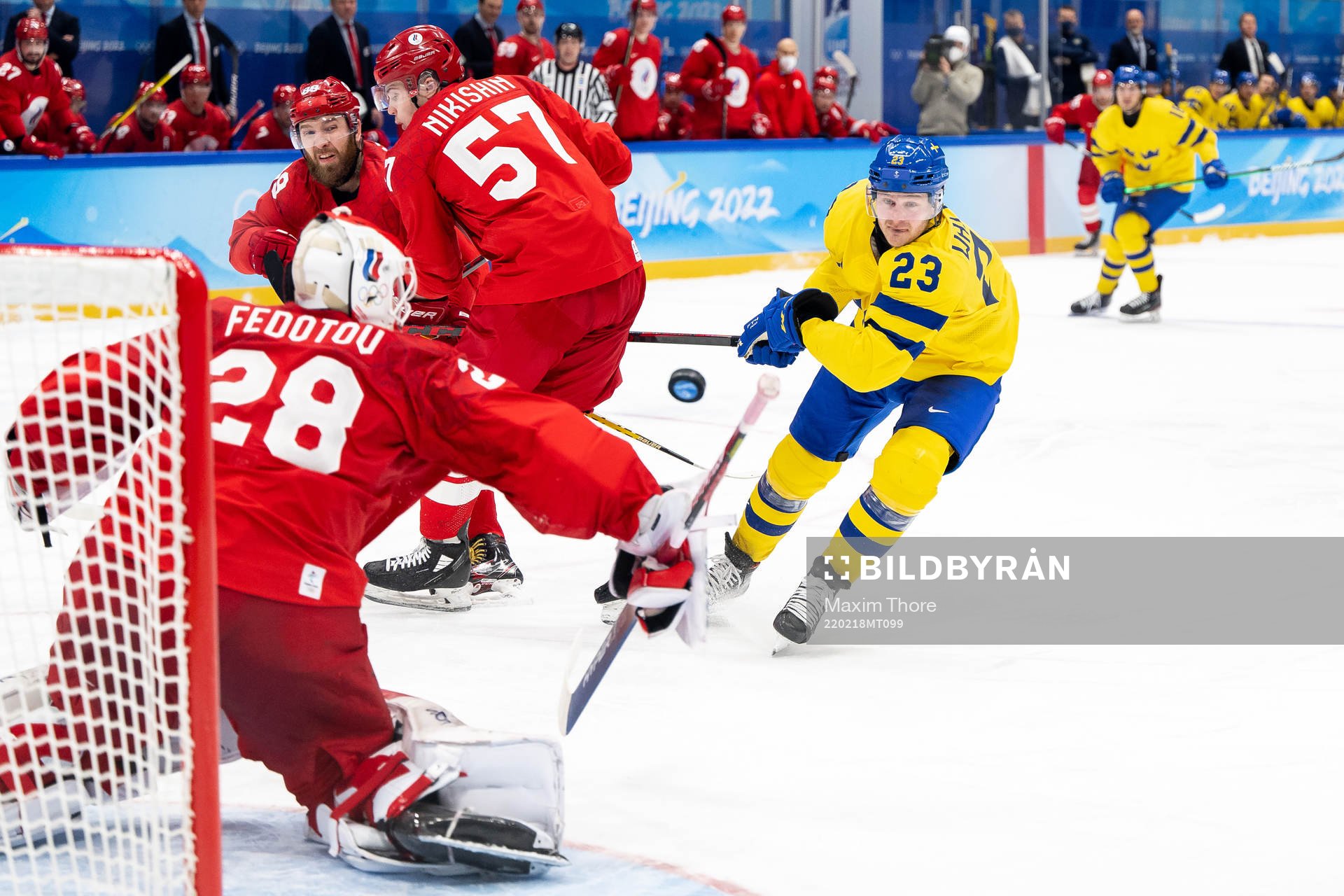 Goaltender Ivan Fedotov of Russia and Lucas Wallmark of