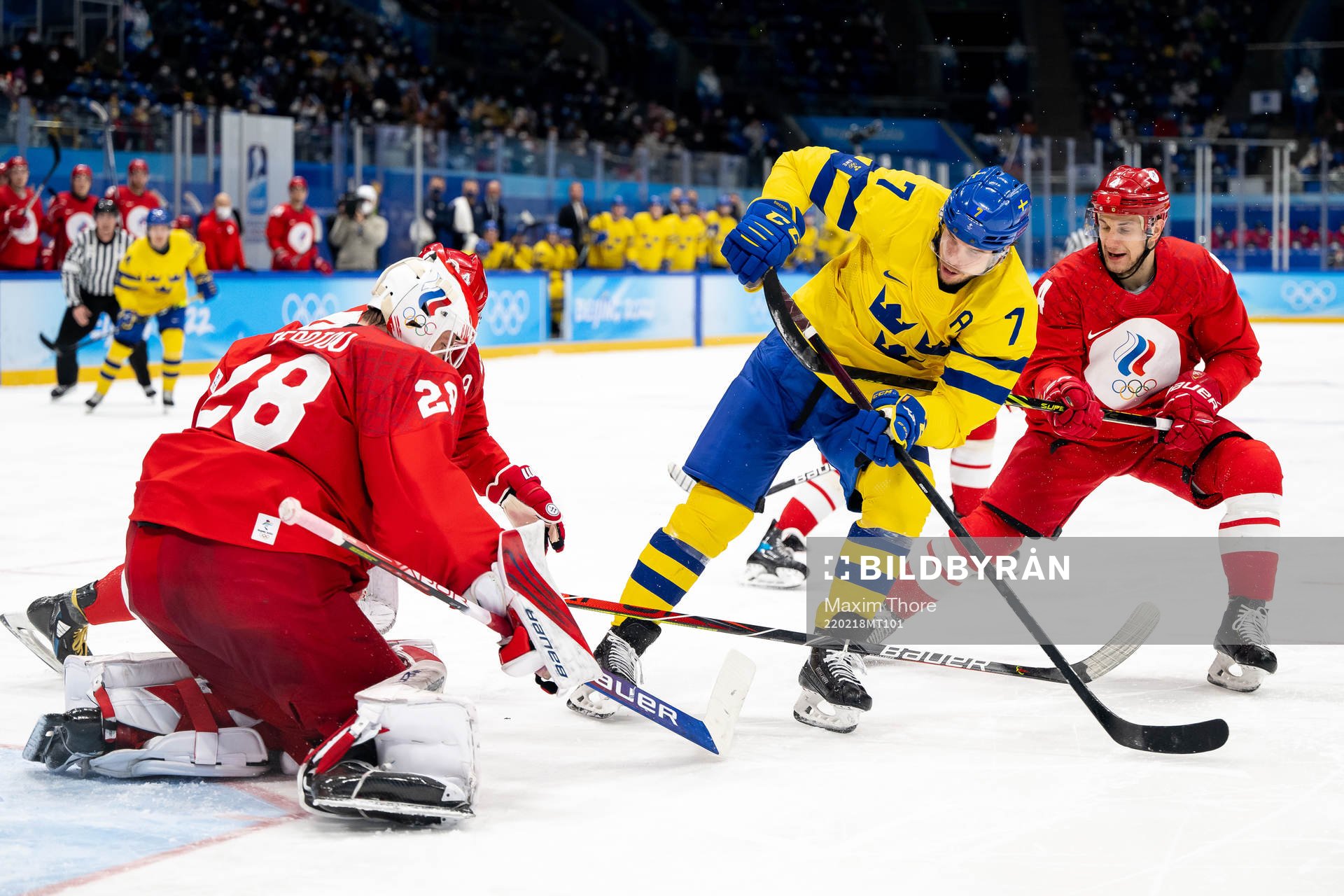 Goaltender Ivan Fedotov of Russia and Henrik Tömmernes of