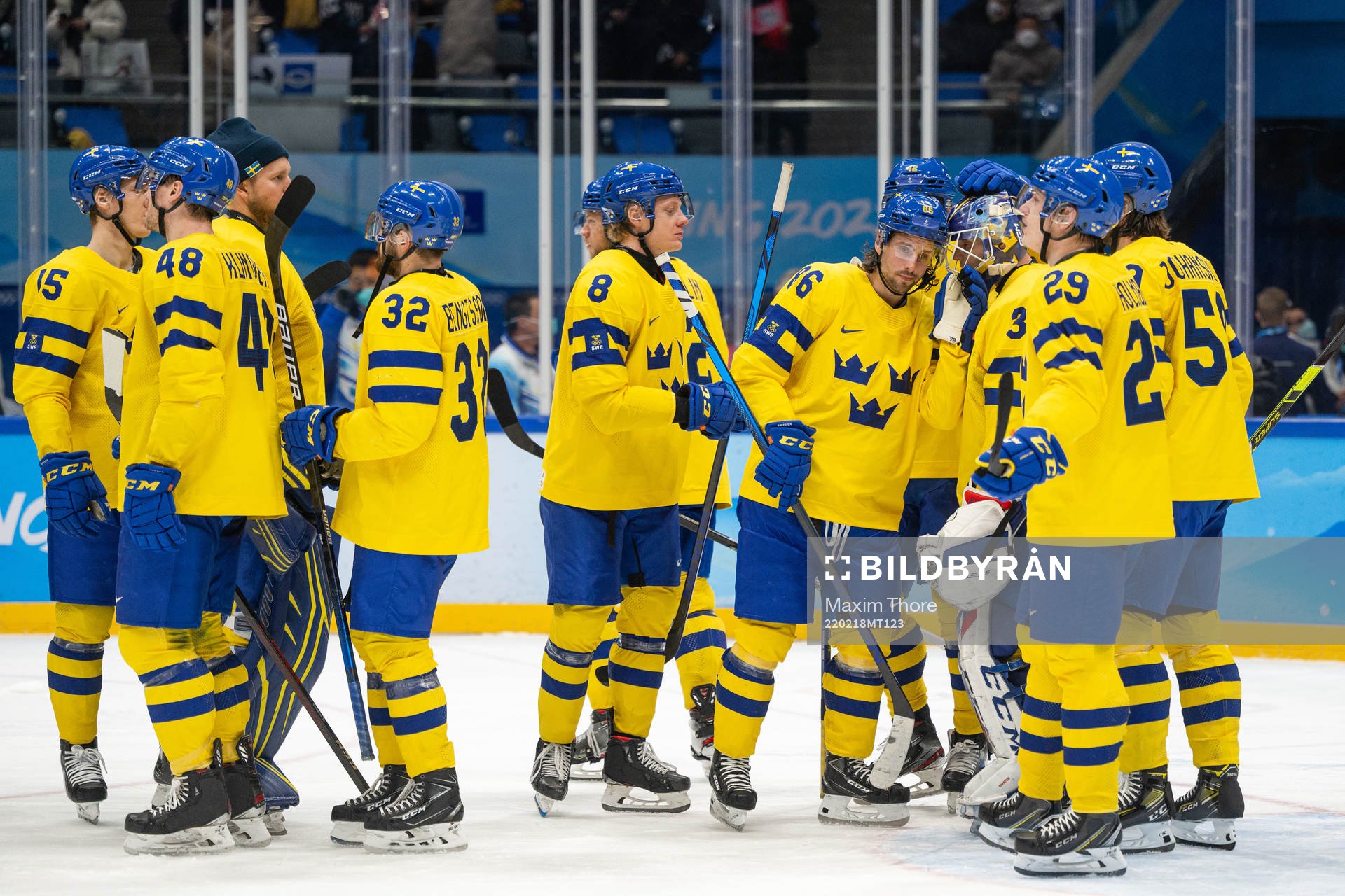 Mathias Bromé and goaltender Lars Johansson of Sweden look