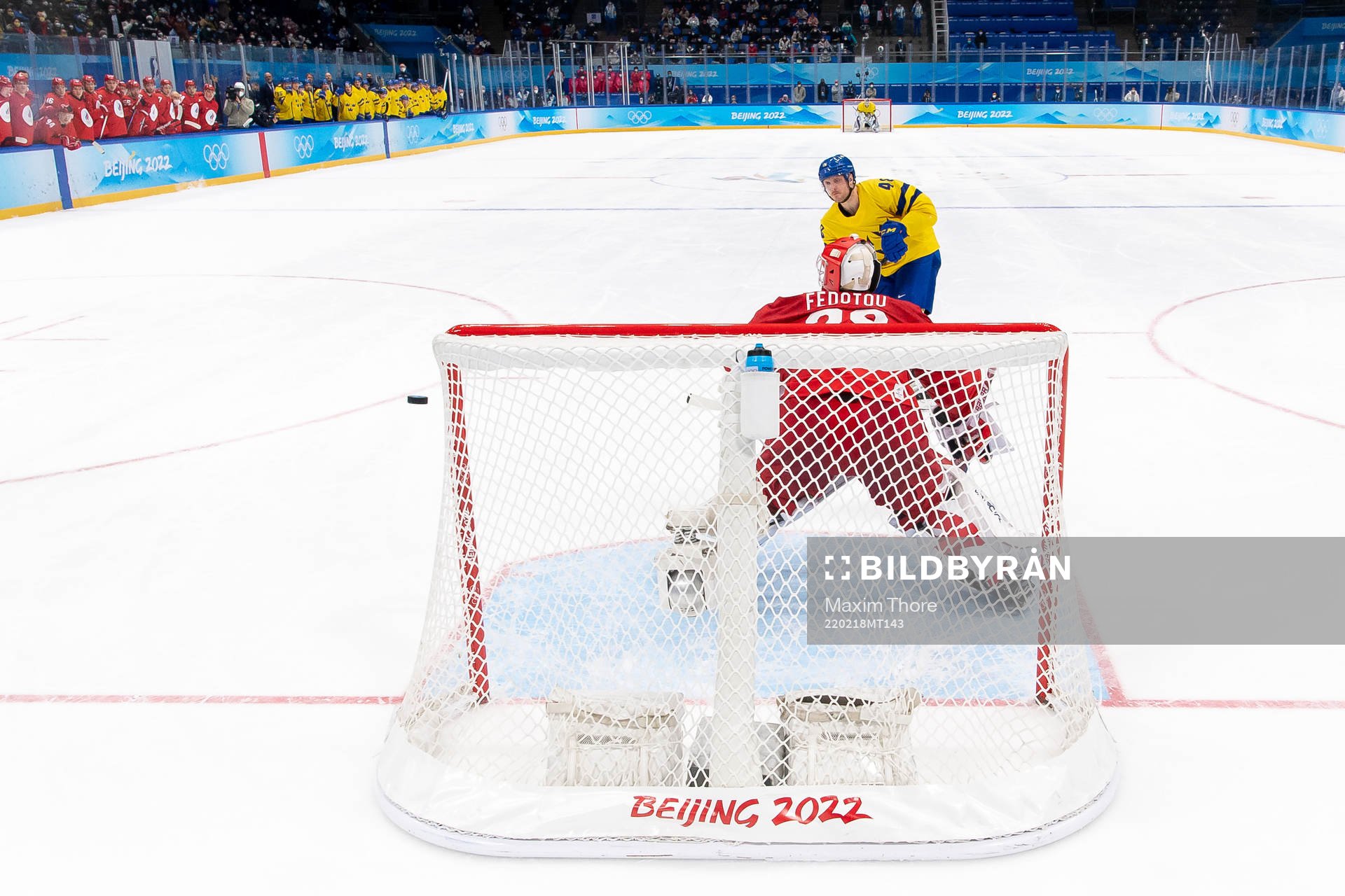 Carl Klingberg of Sweden against goaltender Ivan Fedotov of