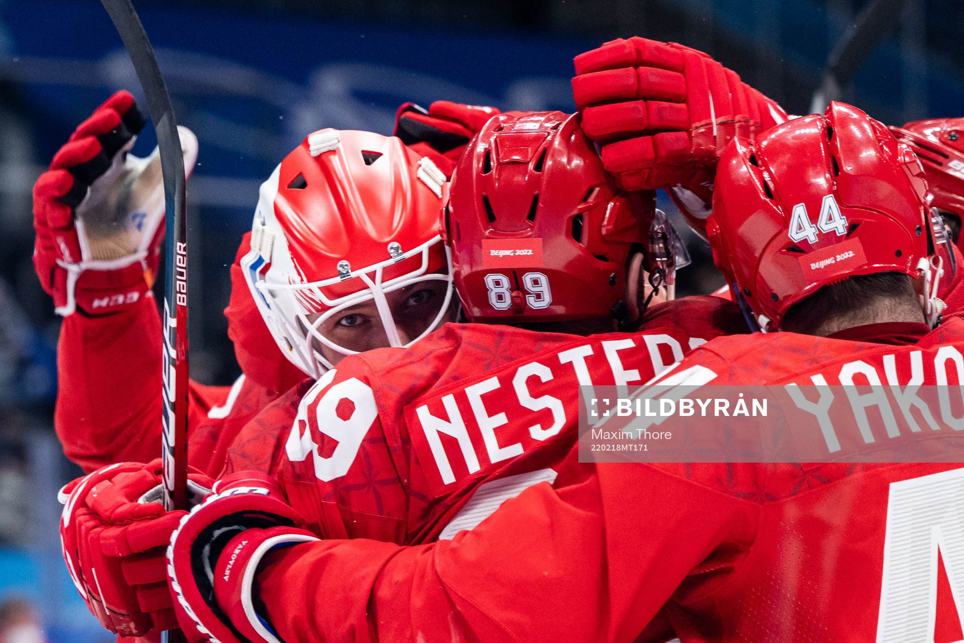 Goaltender Ivan Fedotov of Russia celebrate with teammates
