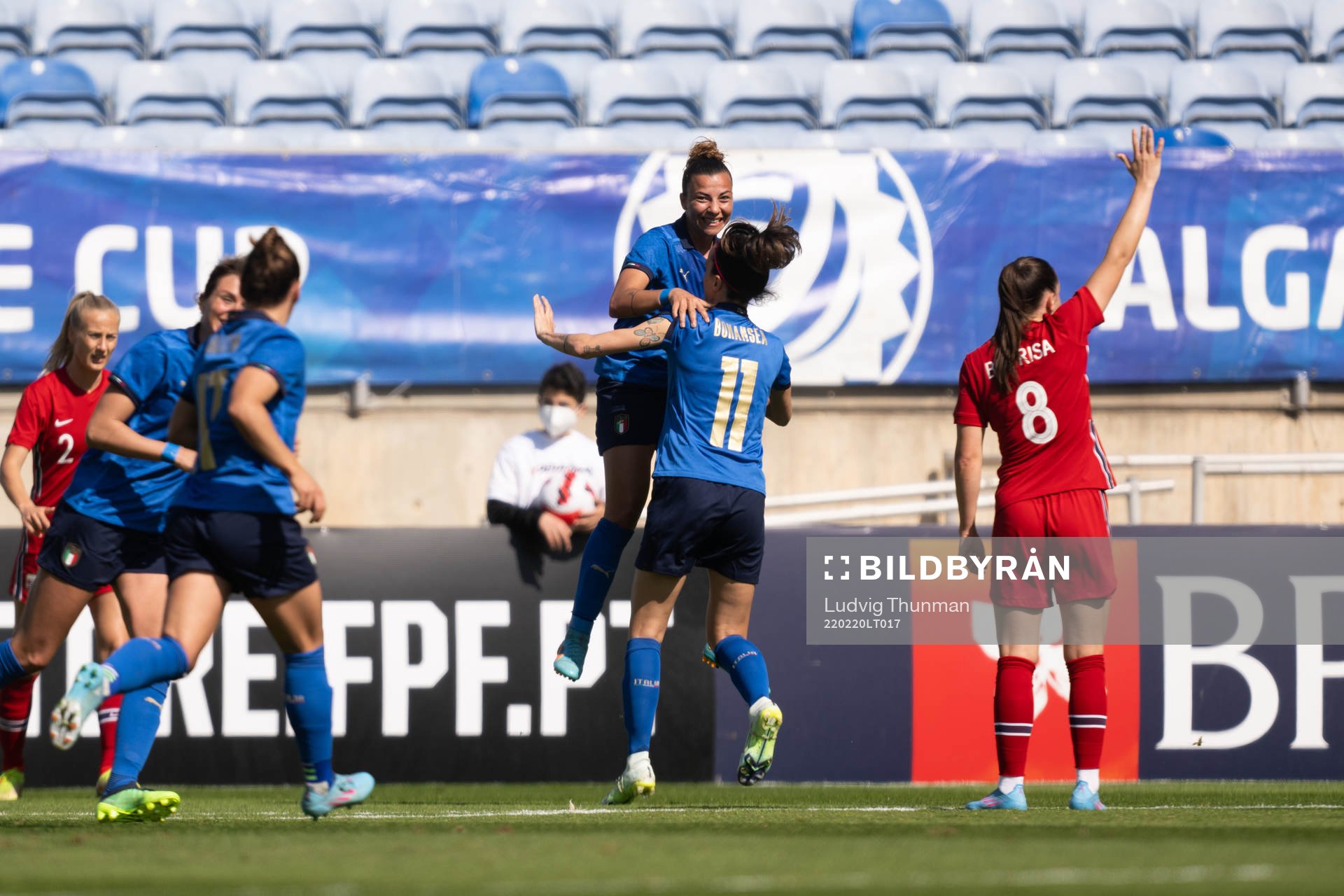 Arianna Caruso and Barbara Bonasea celebrate after 2-0 during the Algarve Cup football match between Italy and Norway on February 20, 2022 in Faro. 