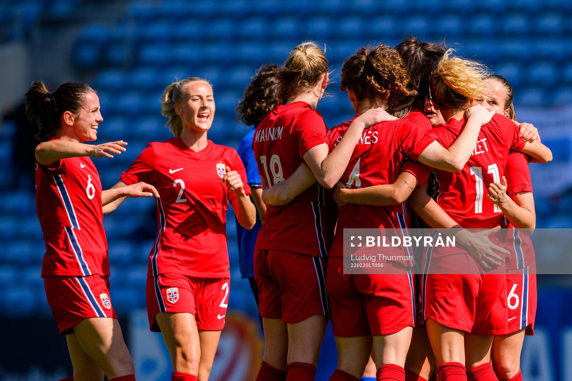 Celin Bizet Ildhusøy of Norway celebrates with Tuva Hansen and Anja Sønstevold after scoring 2-1 during the Algarve Cup football match between Italy and Norway on February 20, 2022 in Faro.