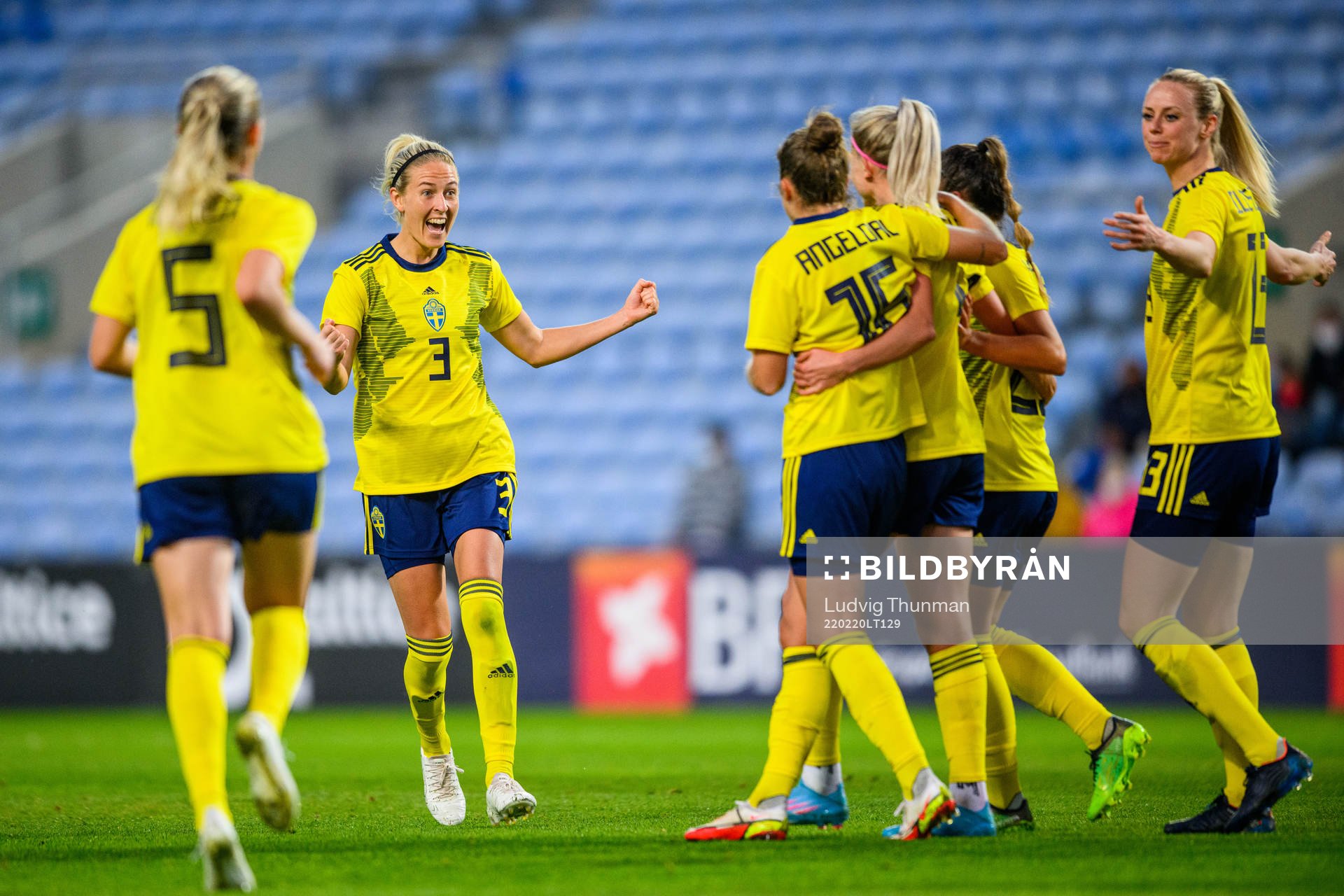Emma Kullberg celebrates with Amanda Ilestedt of Sweden after 2-0 during the Algarve Cup football match between Portugal and Sweden on February 20, 2022 in Faro.