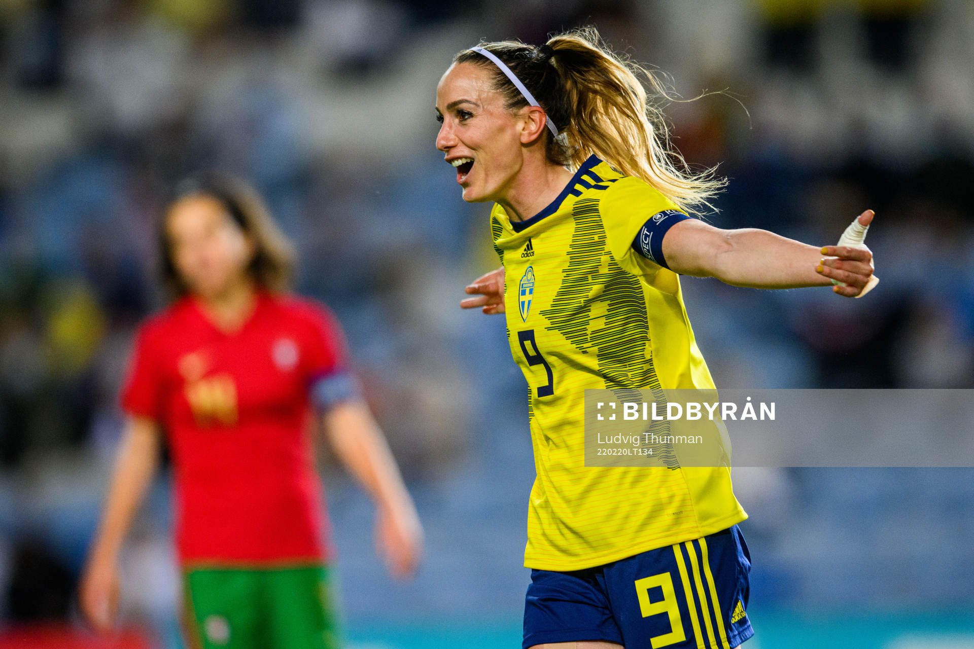 Kosovare Asllani of Sweden celebrates after scoring 3-0 during the Algarve Cup football match between Portugal and Sweden on February 20, 2022 in Faro.
