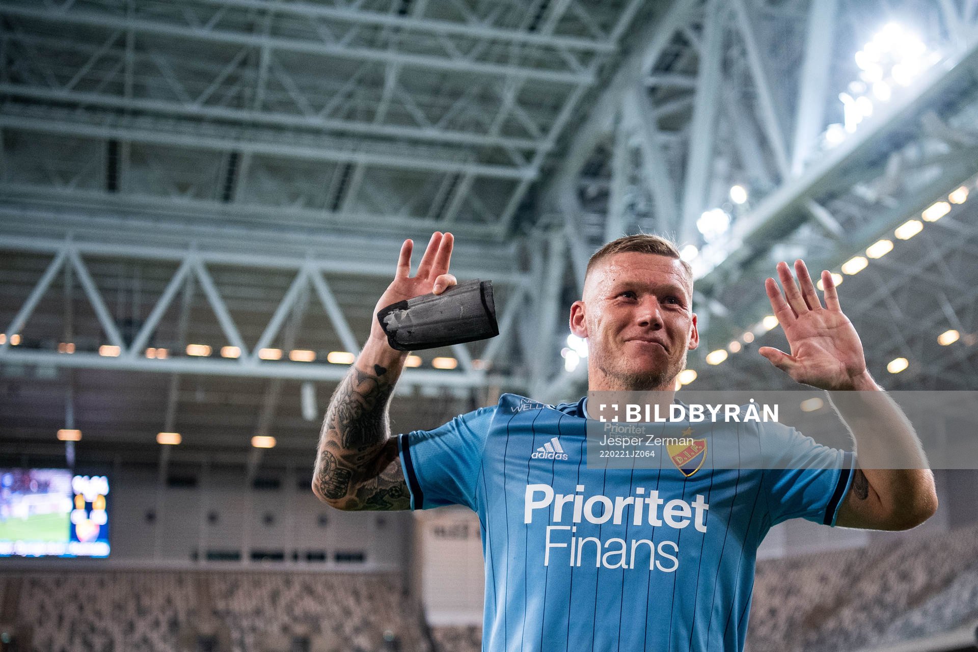 Djurgårdens Victor Edvardsen jublar efter fotbollsmatchen i Svenska Cupen mellan Djurgården och Brage den 21 februari 2022 i Stockholm. 