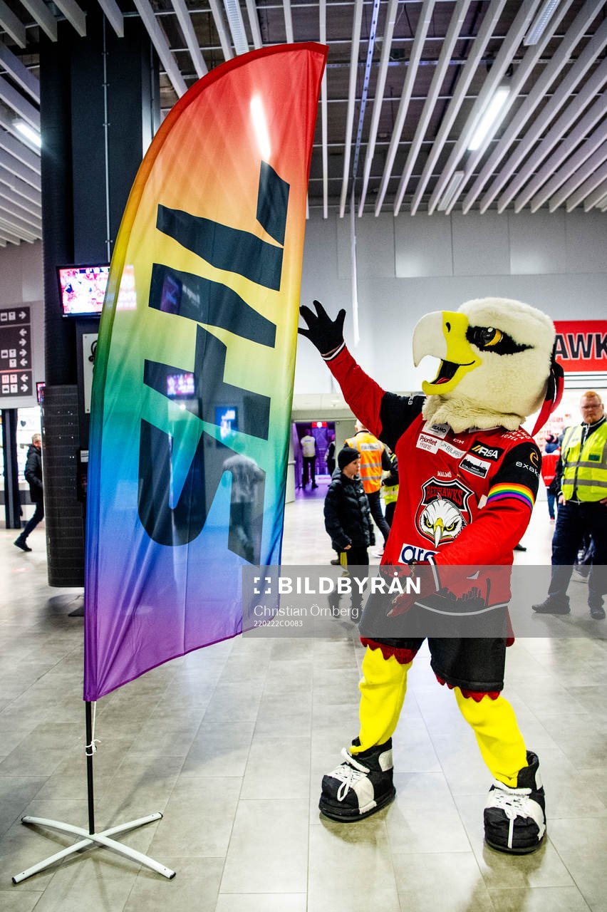 Malmö Redhawks maskot Hawkan med en prideflagga innan