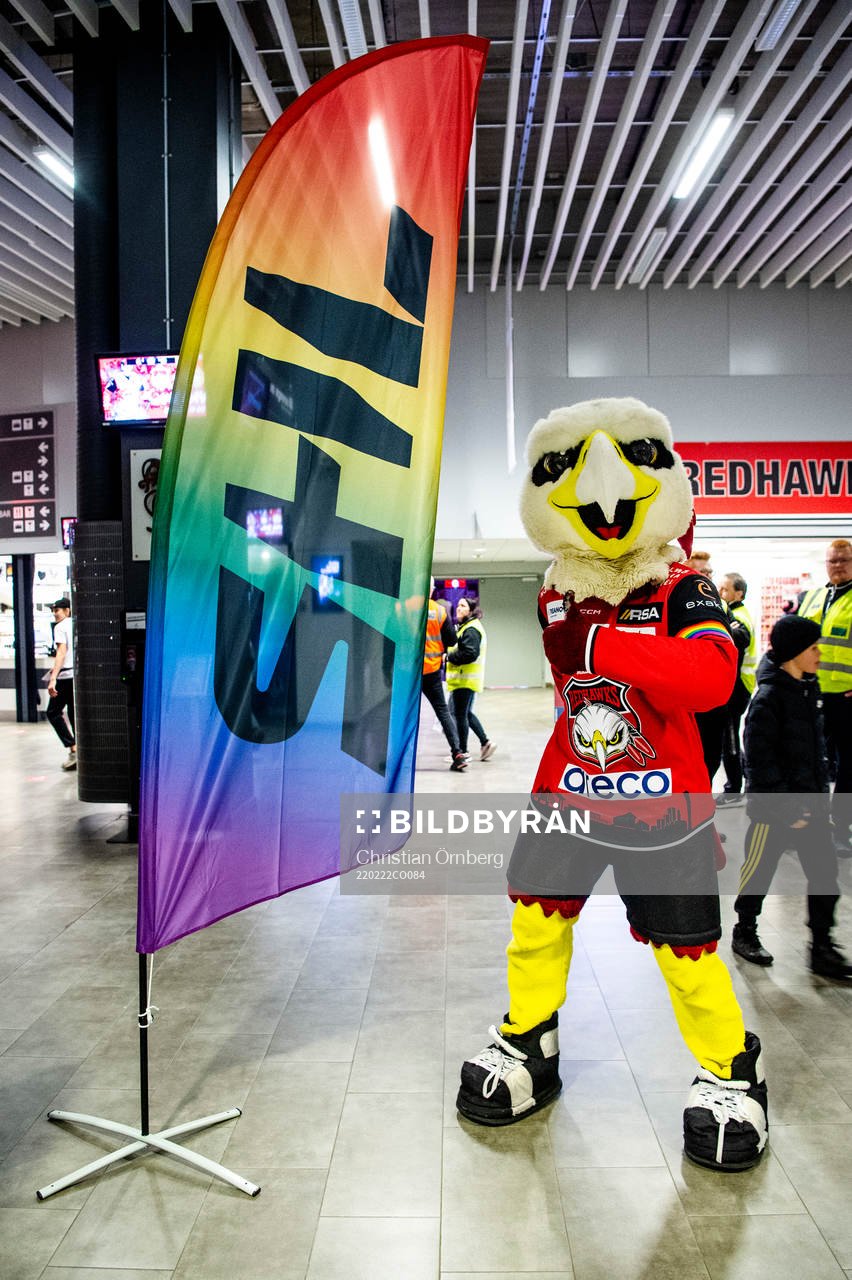 Malmö Redhawks maskot Hawkan med en prideflagga innan