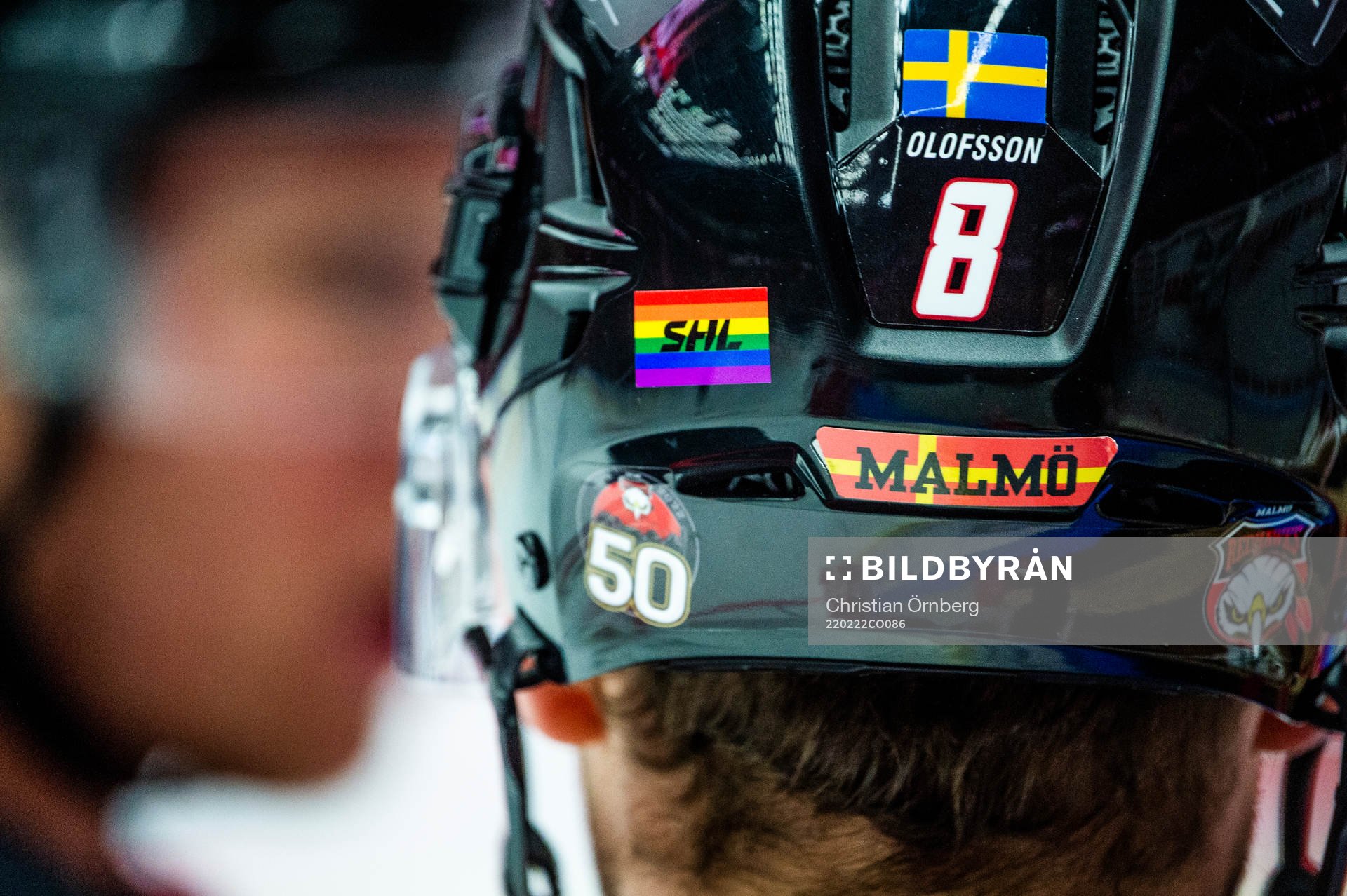 SHL-klistermärke på Malmö Redhawks Johan Olofsson hjälm