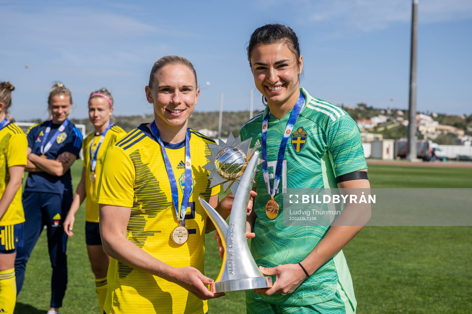 Jonna Andersson and goalkeeper Zecira Musovic of Sweden