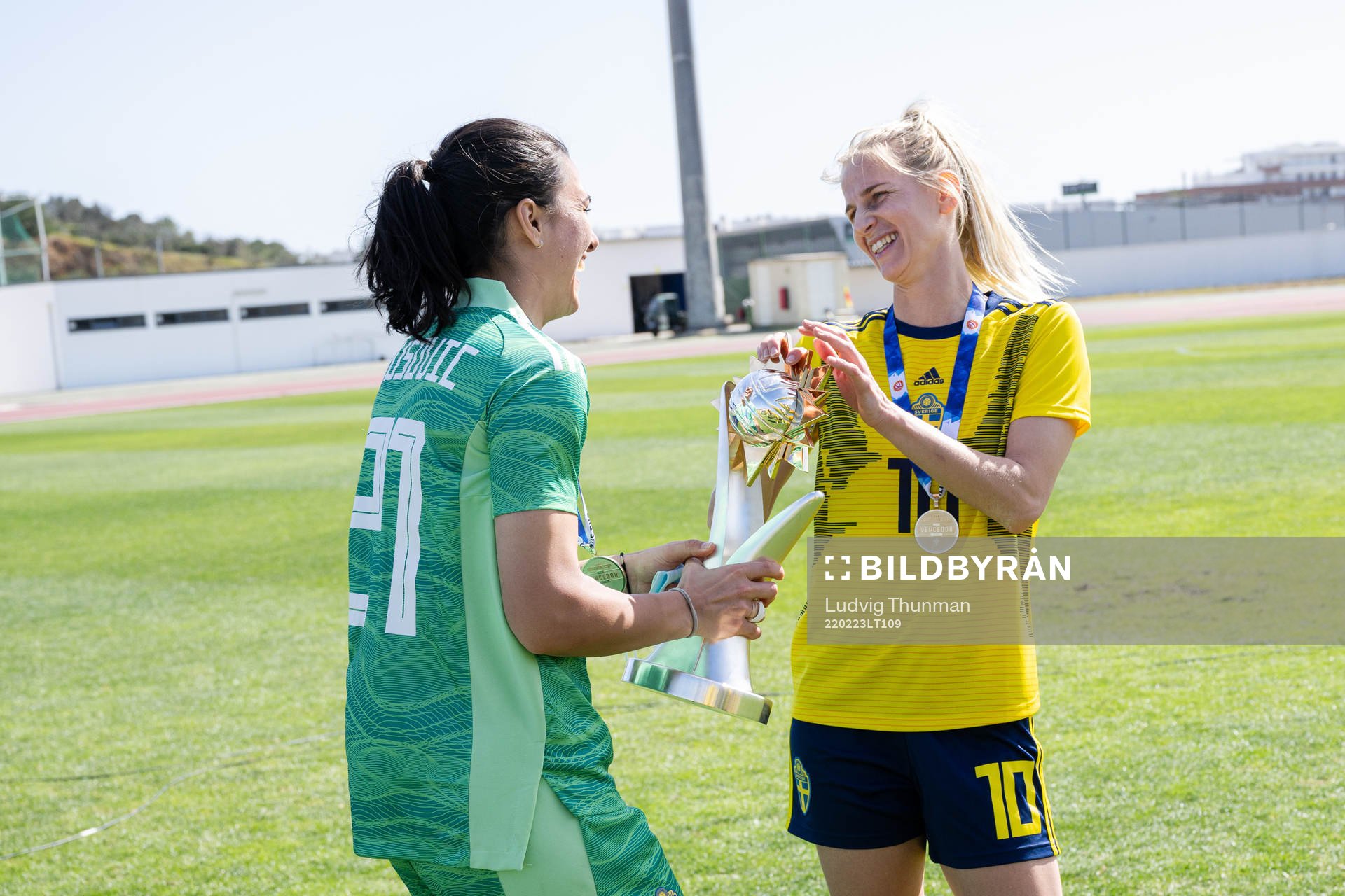 Goalkeeper Zecira Musovic and Sofia Jakobsson of Sweden