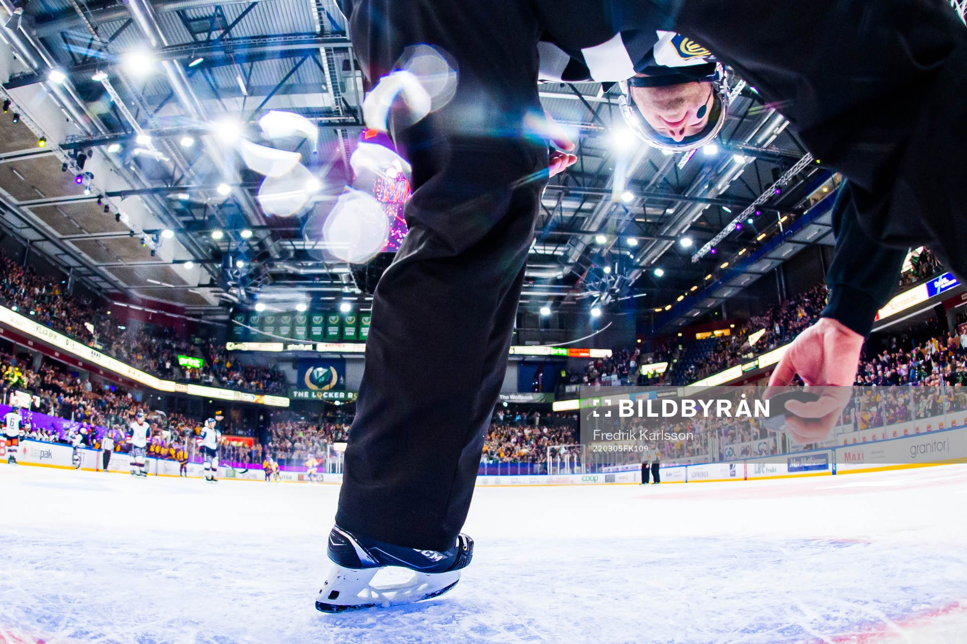 En domare plockar upp en puck ur målet