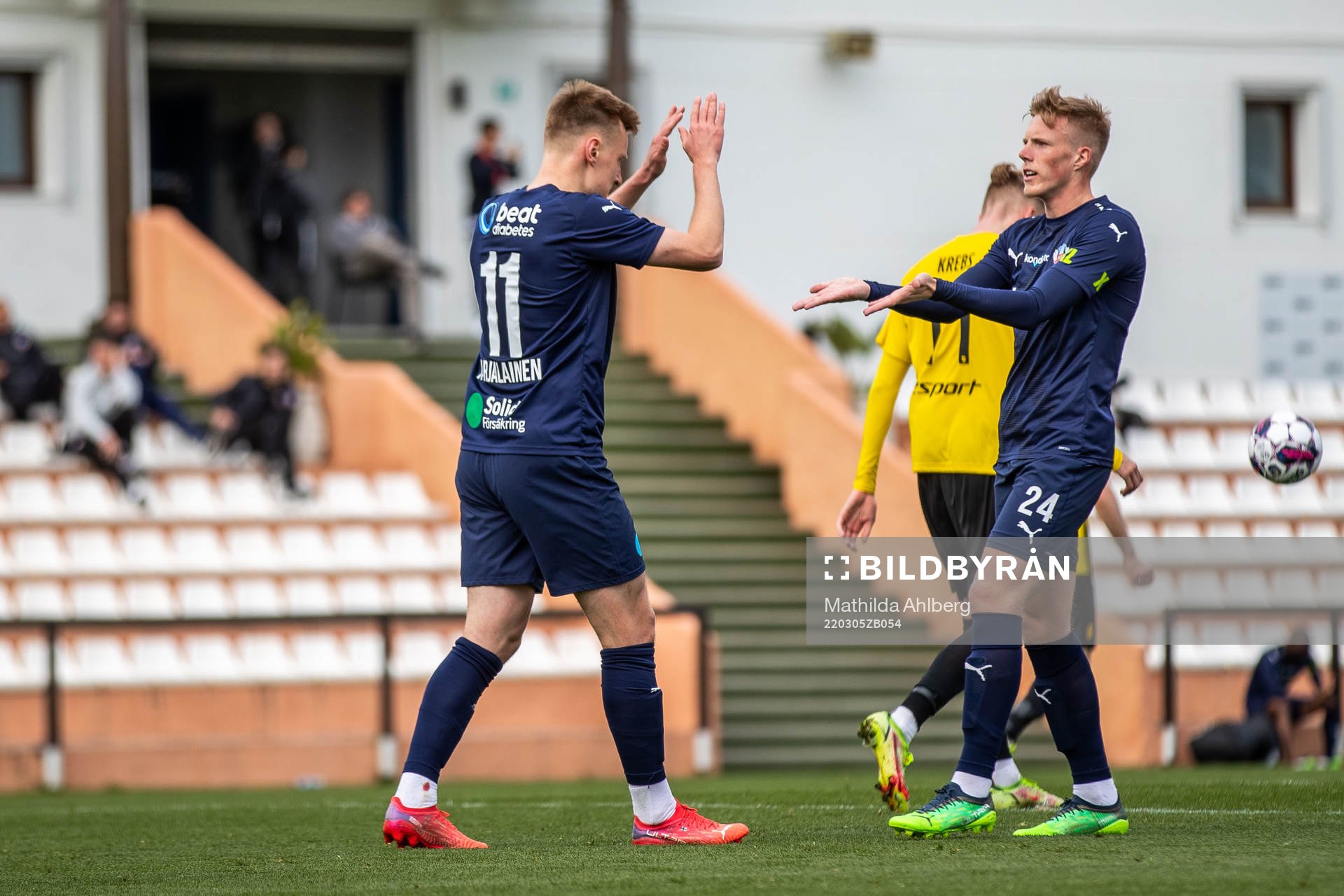 Rasmus Karjalainen and Emil Hellman of Helsingborg celebrate during the Friendly match between Helsingborg and Honka March 5, 2022 in Marbella . 