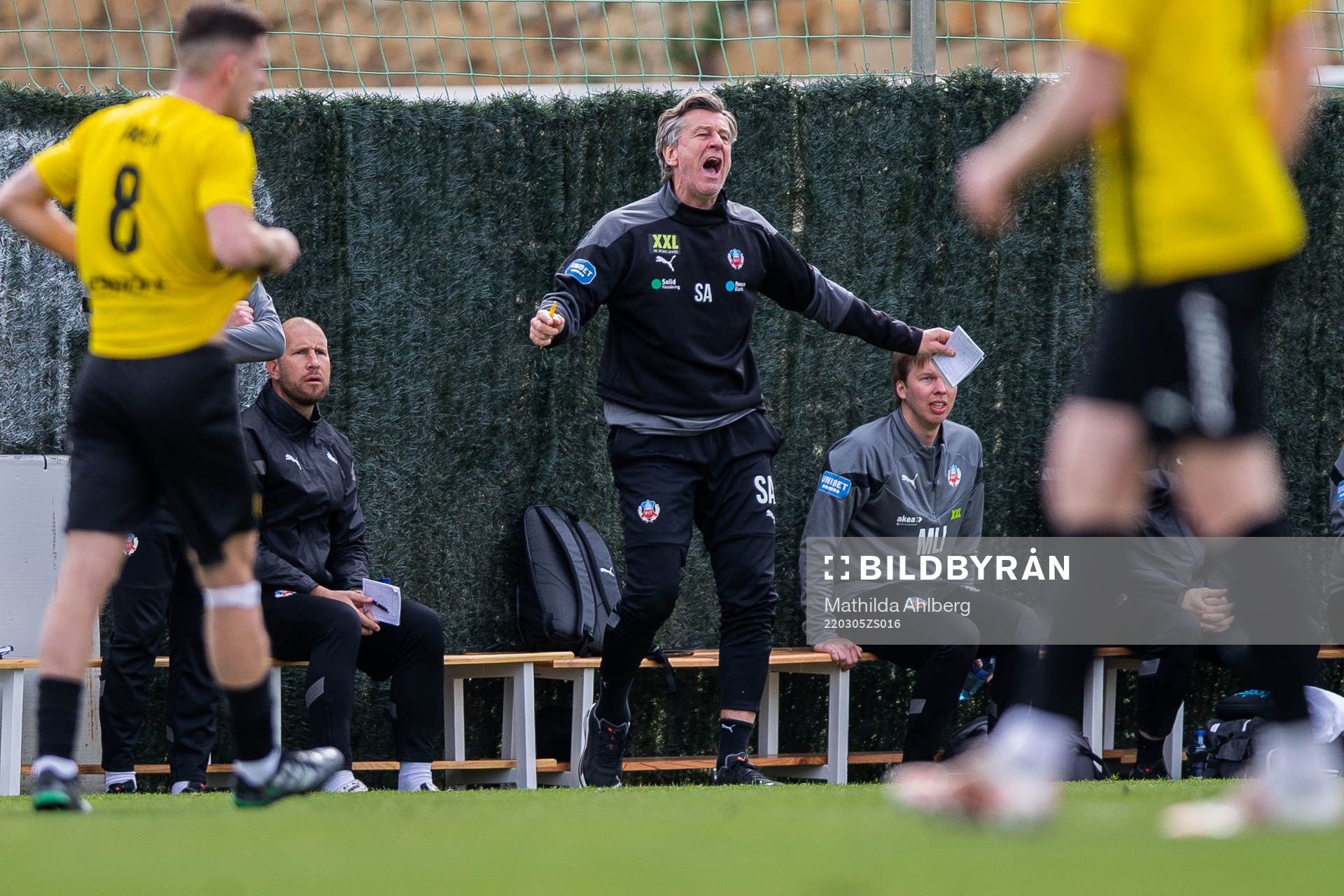 Sven Andersson, goalkeeper coach of Helsingborg reacts