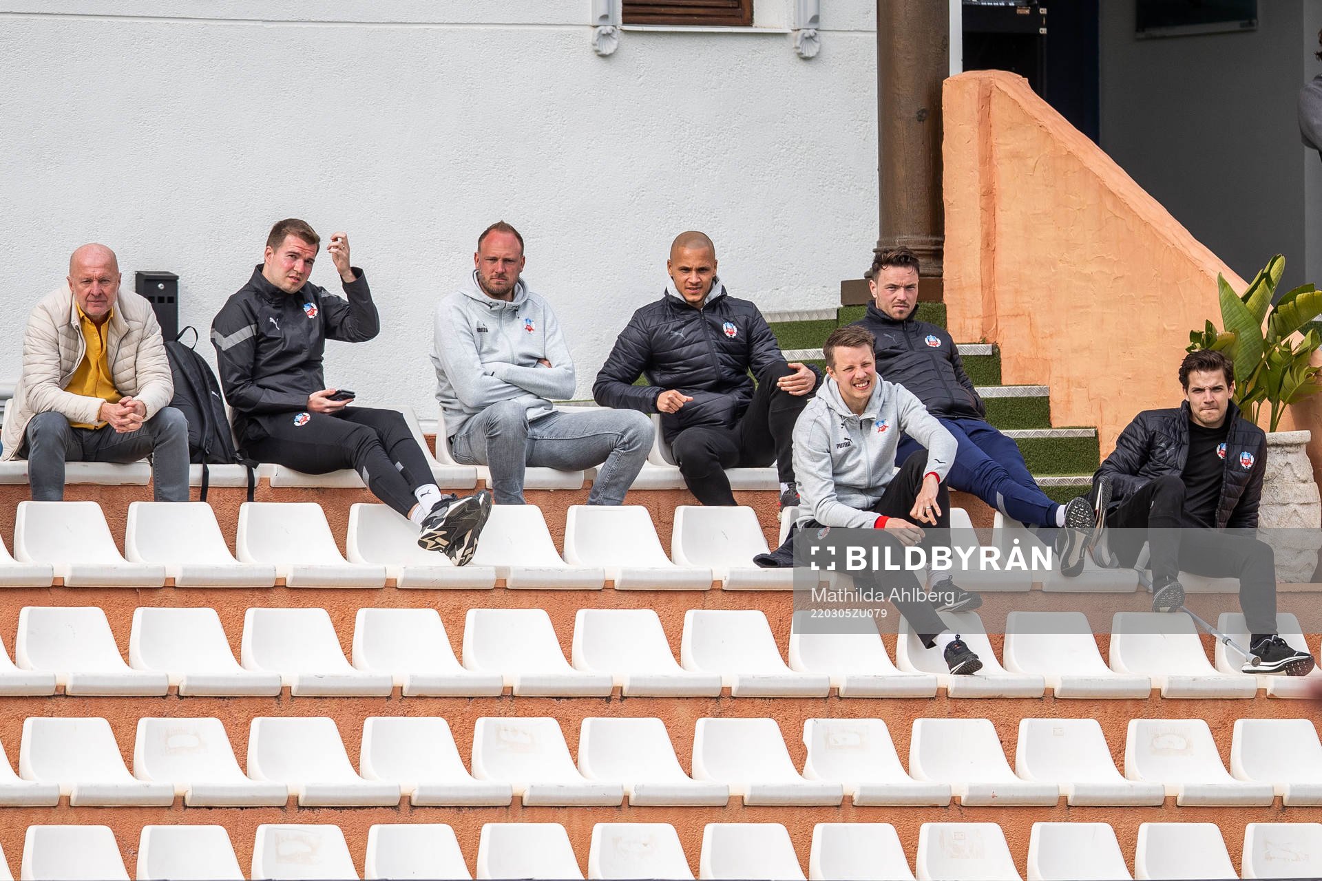 Kjell Jakobsson, chairman, Midhat Kudozovic media and press, Andreas Granqvist, head of sports, Anthony van den Hurk, Viktor Lundberg, Viljormur Davidsen and Brandur Hendriksson Olsen in the stands during the Friendly match between Helsingborg and Honka March 5, 2022 in Marbella .