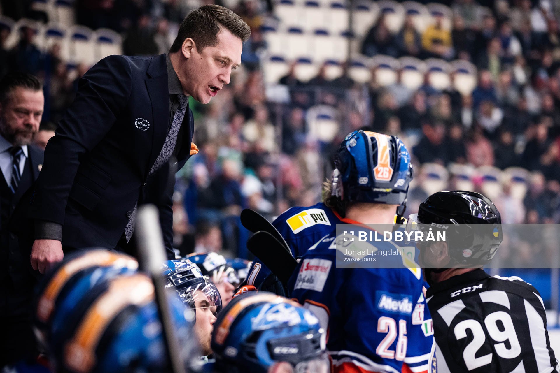 Växjös tränare Sam Hallam i diskussion med Domare