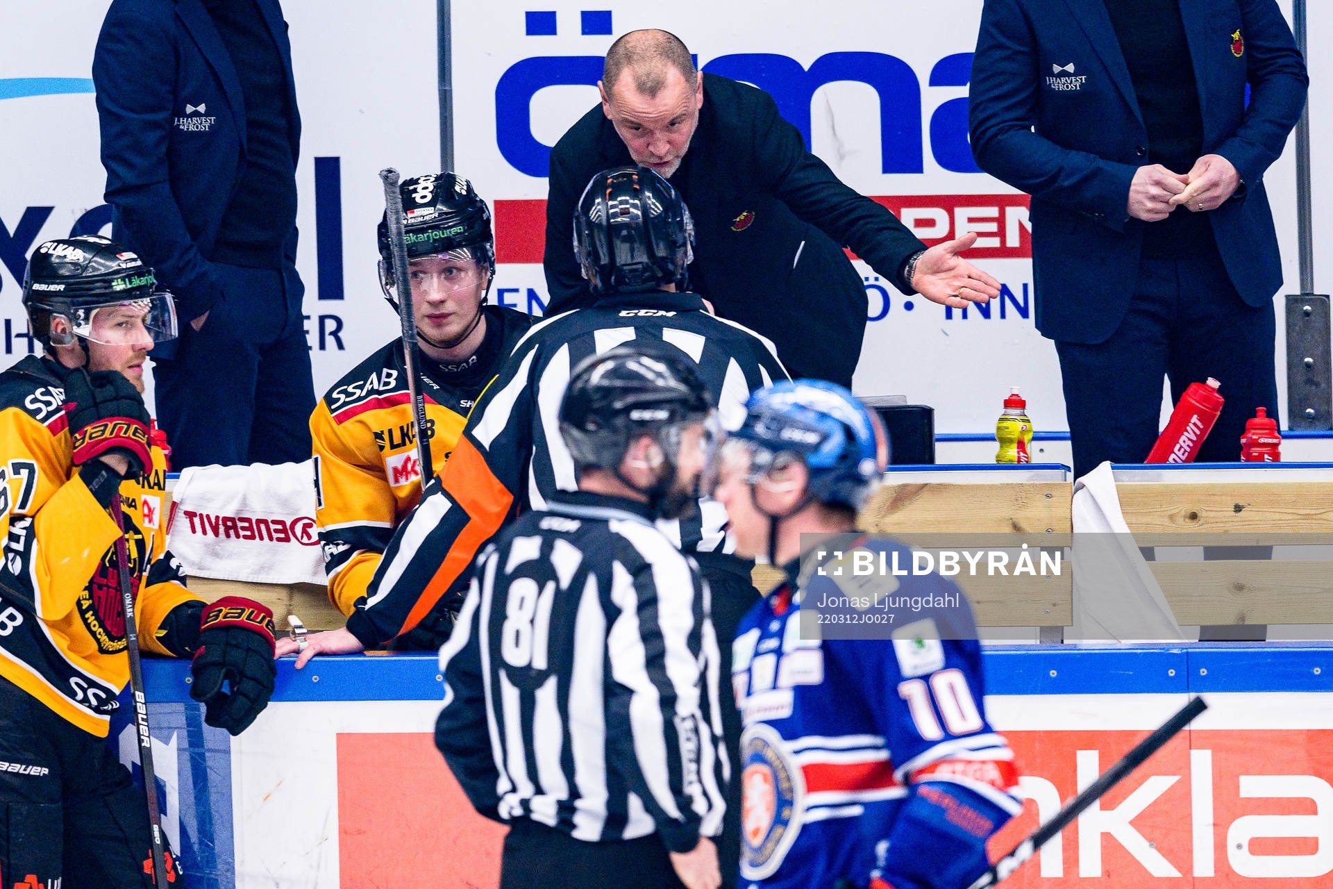 Luleås  tränare Thomas Berglund pratar med Domare