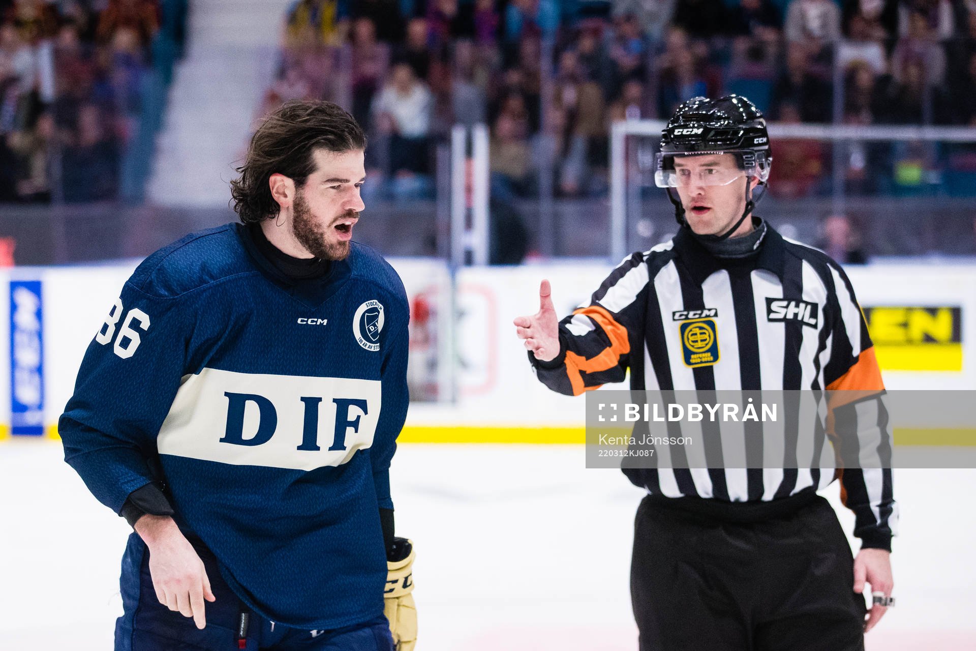 Djurgårdens Eric Gelinas och Domare Mikael Andersson