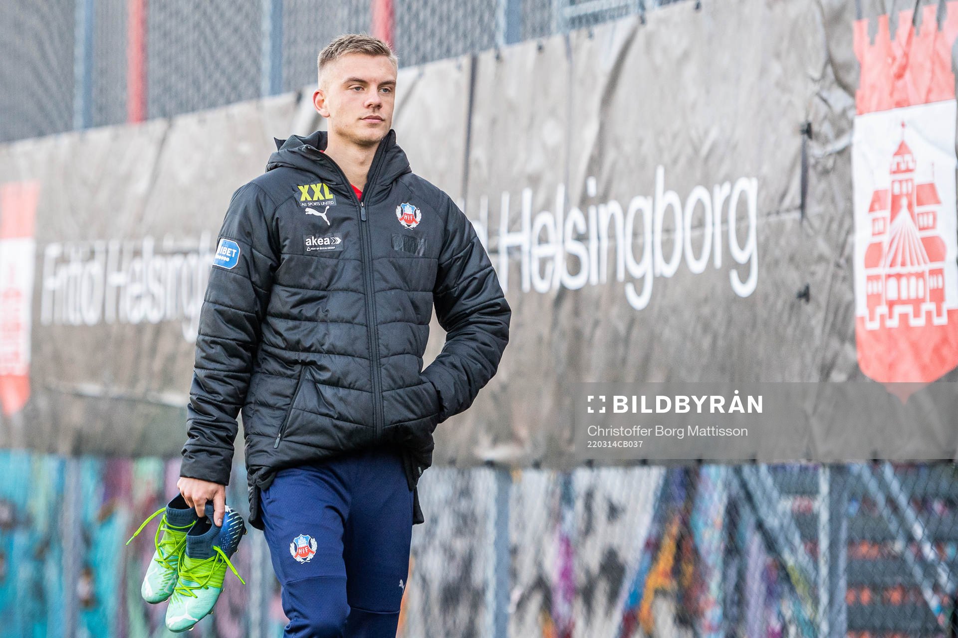Helsingborgs Dennis Olsson efter fotbollsmatchen i U21 Allsvenskan mellan Helsingborg och Landskrona den 14 mars 2022 i Helsingborg.