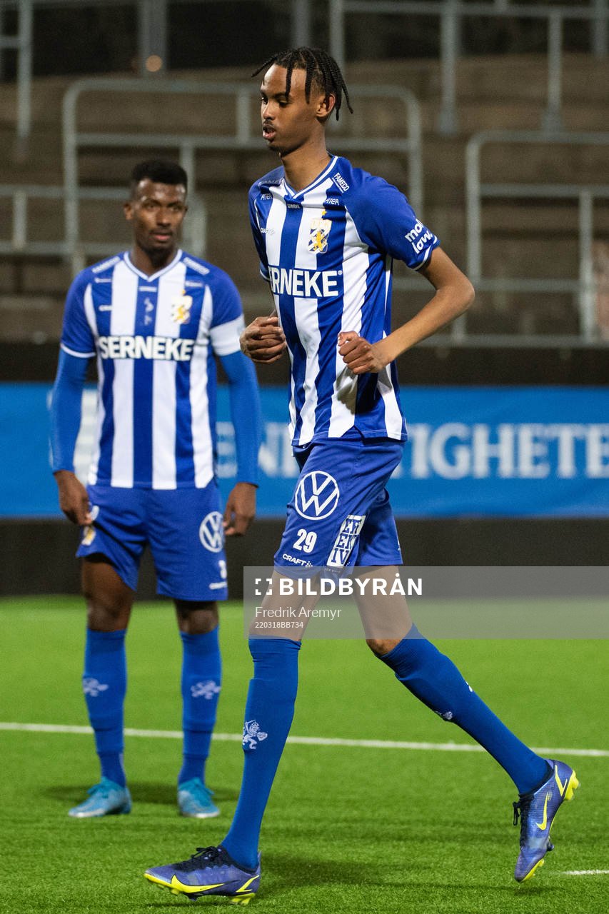 IFK Göteborgs Yaqub Finey under träningsmatchen i fotboll mellan IFK Göteborg och Norrby den 18 mars 2022 i Göteborg. 