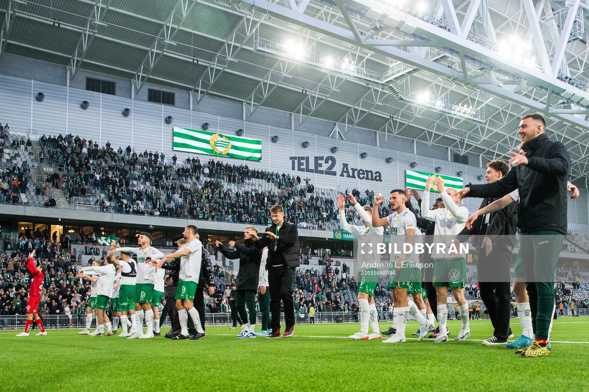 Hammarbys spelare jublar efter semifinalen i Svenska Cupen i fotboll mellan Hammarby och Elfsborg den 19 mars 2022 i Stockholm. 