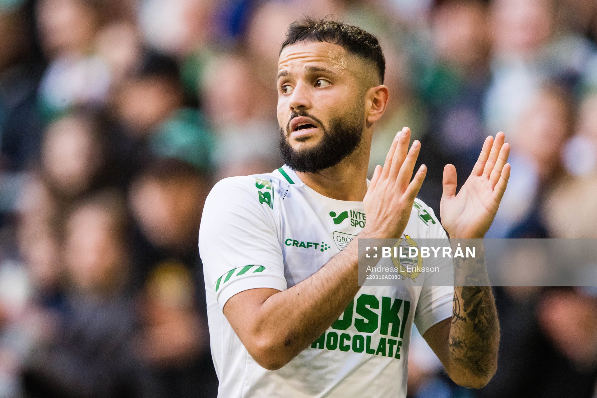 Hammarbys Mohanad Jeahze jublar under semifinalen i Svenska Cupen i fotboll mellan Hammarby och Elfsborg den 19 mars 2022 i Stockholm.