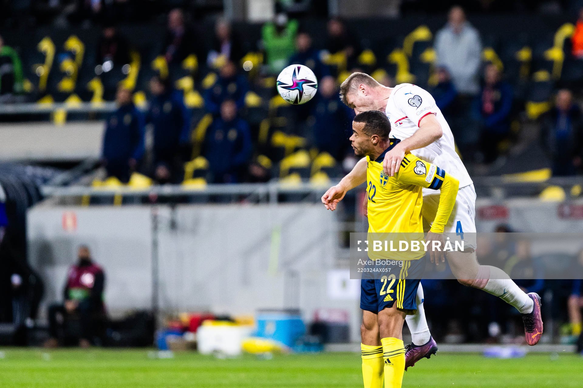 Robin Quaison of Sweden and Jakub Brabec of Czech Republic during the FIFA World Cup Qualifier play-off semifinal between Sweden and Czech Republic on March 24, 2022 in Stockholm.