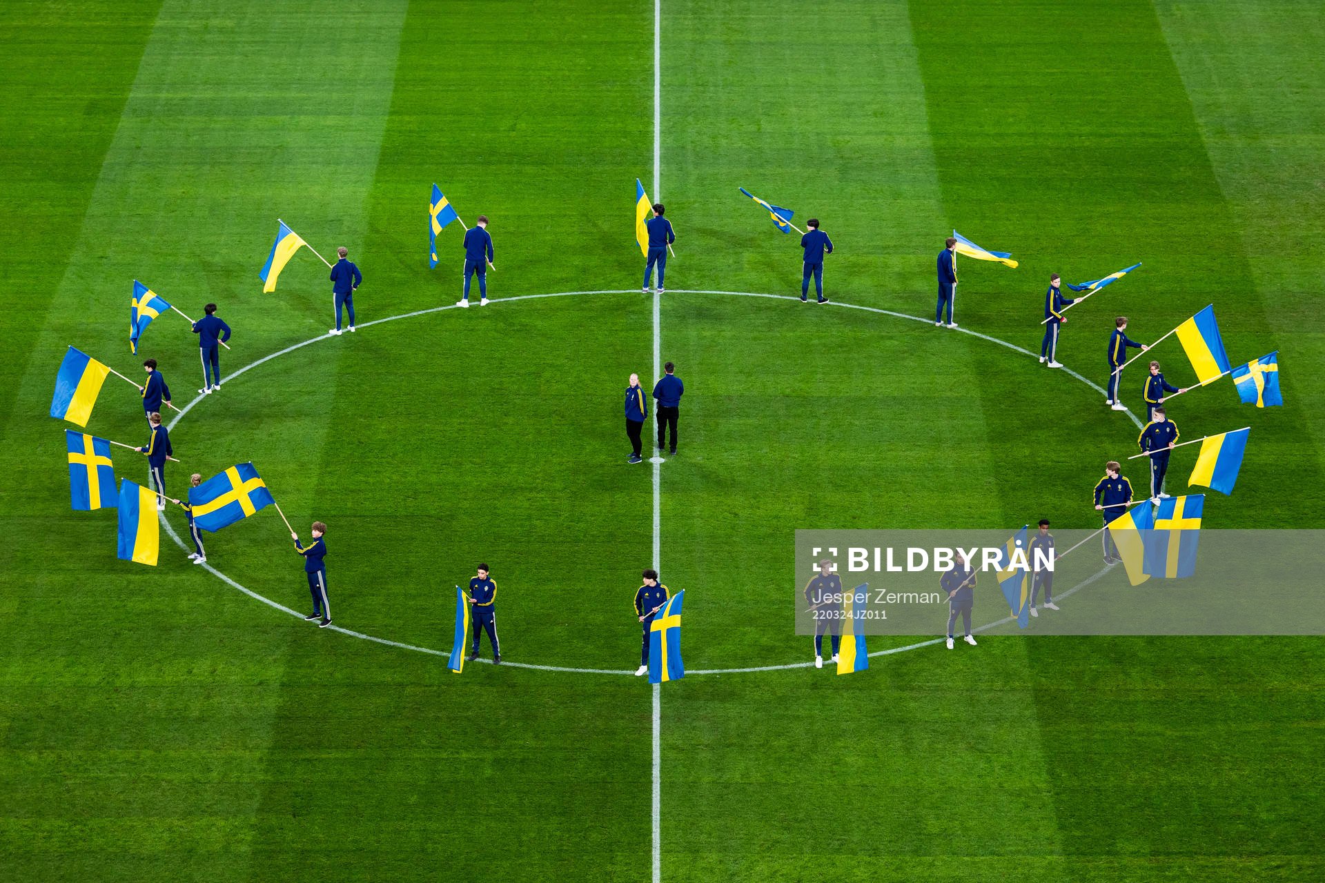 The flags of Sweden and Ukraine ahead of the FIFA World Cup Qualifier play-off semifinal between Sweden and Czech Republic on March 24, 2022 in Stockholm.