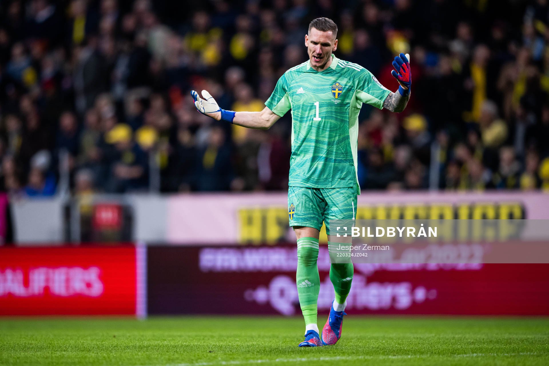 goalkeeper Robin Olsen of Sweden reacts