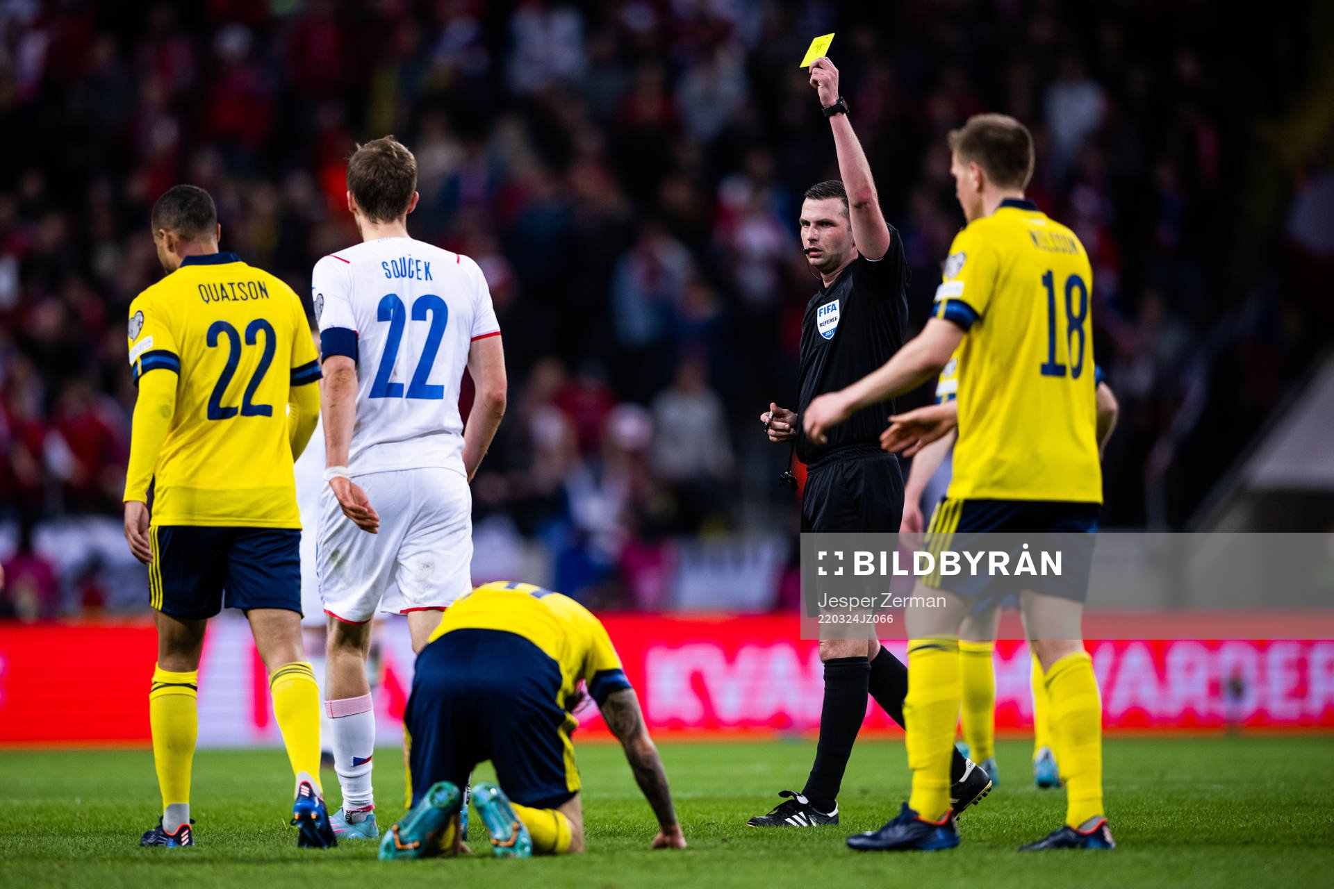 Tomas Soucek of Czech Republic receives a yellow card