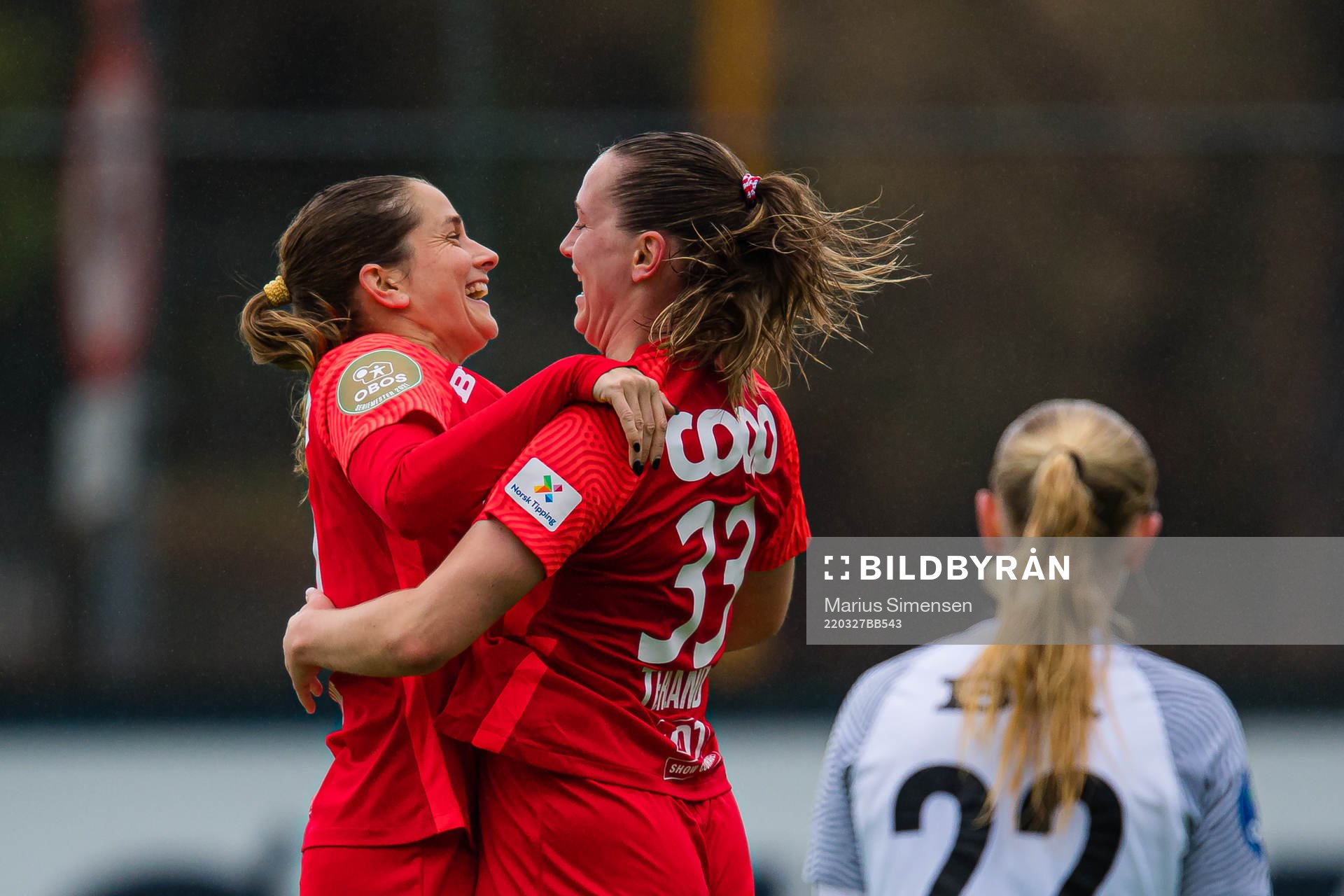 Ingrid Ryland of Brann celebrates after scoring the 6-0 goal during the Toppserien football match between Brann and Arna-Bjørnar on March 27, 2022 in Bergen.