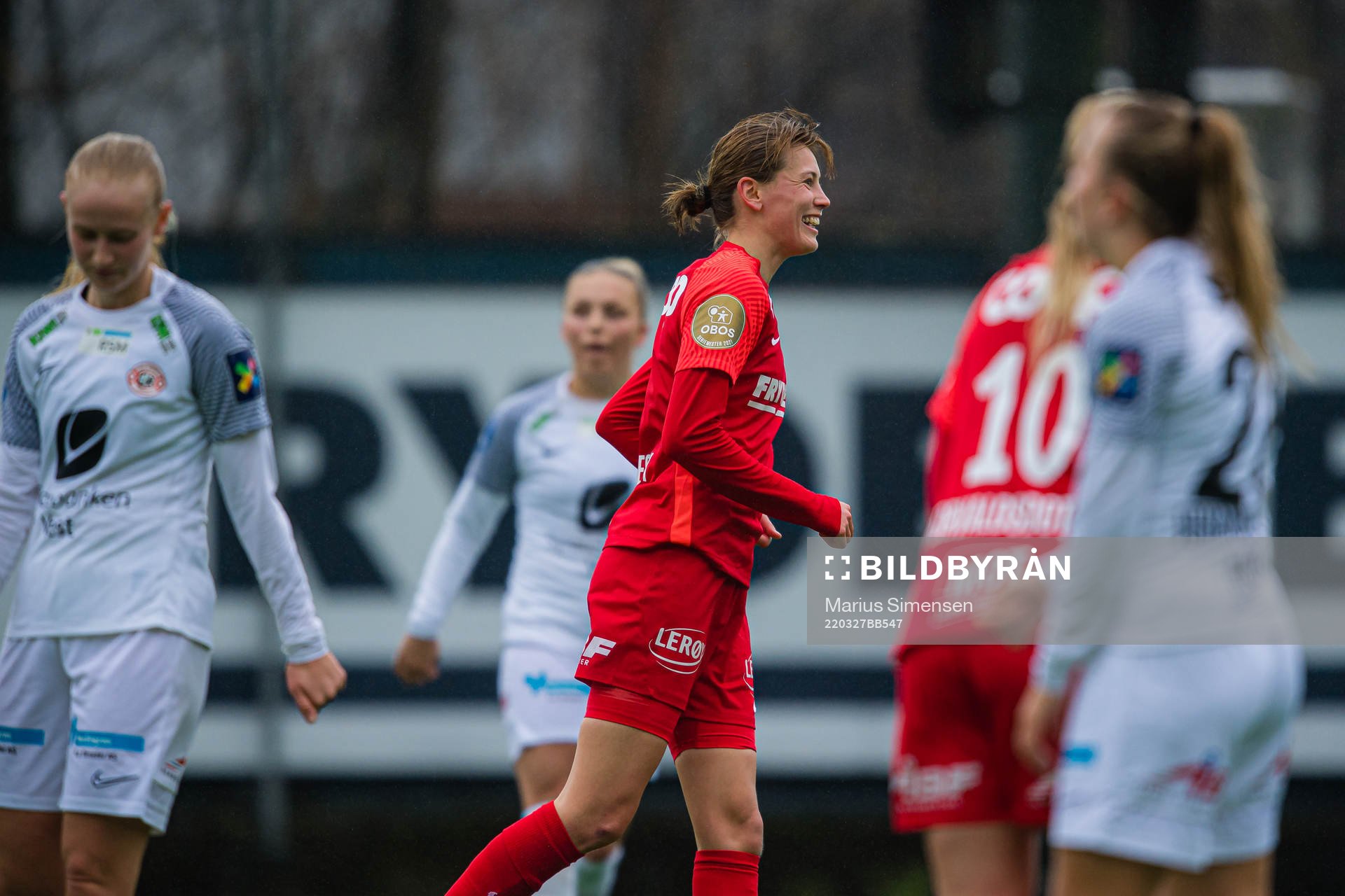 Rakel Engesvik of Brann celebrates after scoring the 7-0 goal during the Toppserien football match between Brann and Arna-Bjørnar on March 27, 2022 in Bergen.