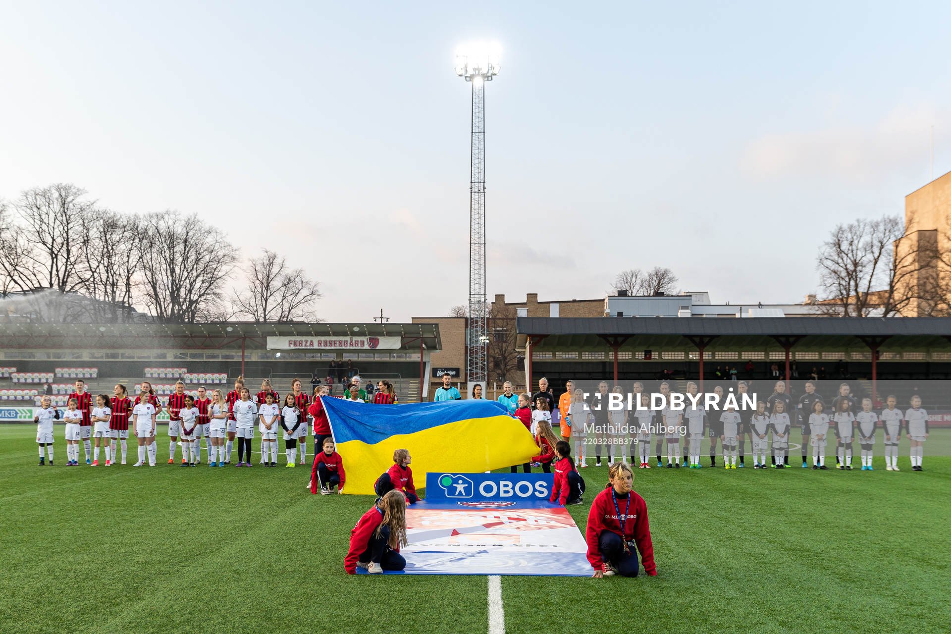 Ukrainas flagga framför spelarna