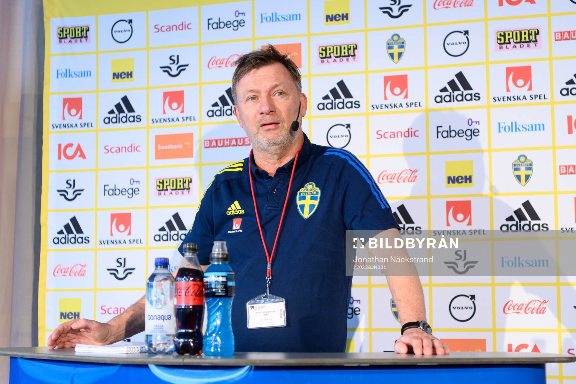 Head coach Peter Gerhardsson of the Swedish women’s national football team during a press conference on March 28, 2022 in Stockholm. 