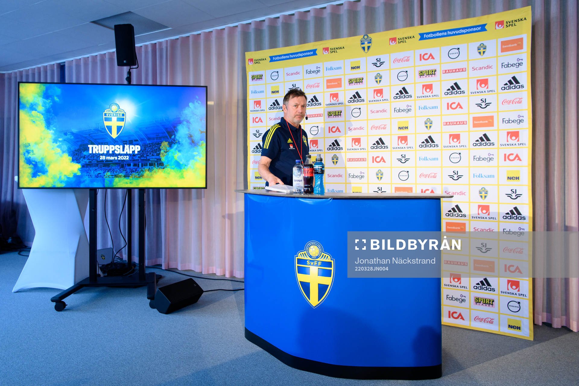 Head coach Peter Gerhardsson of the Swedish women’s national football team during a press conference on March 28, 2022 in Stockholm. 
