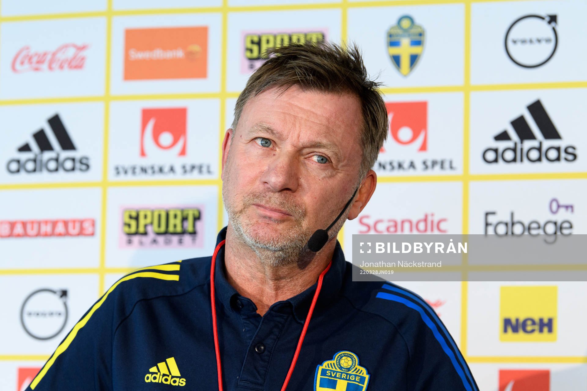 Head coach Peter Gerhardsson of the Swedish women’s national football team during a press conference on March 28, 2022 in Stockholm. 