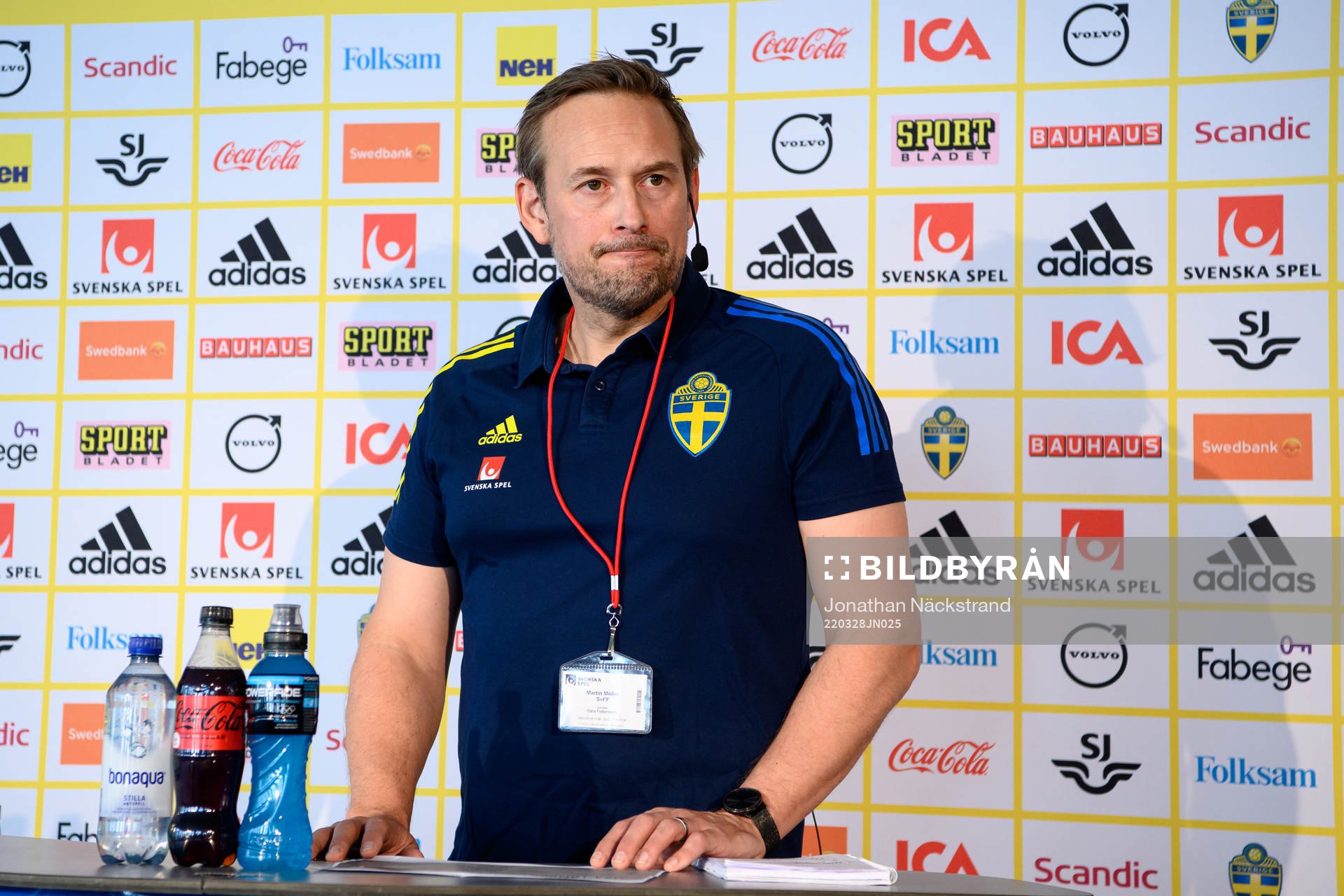Head coach Martin Möller of the Swedish women’s U23 national football team during a press conference on March 28, 2022 in Stockholm.