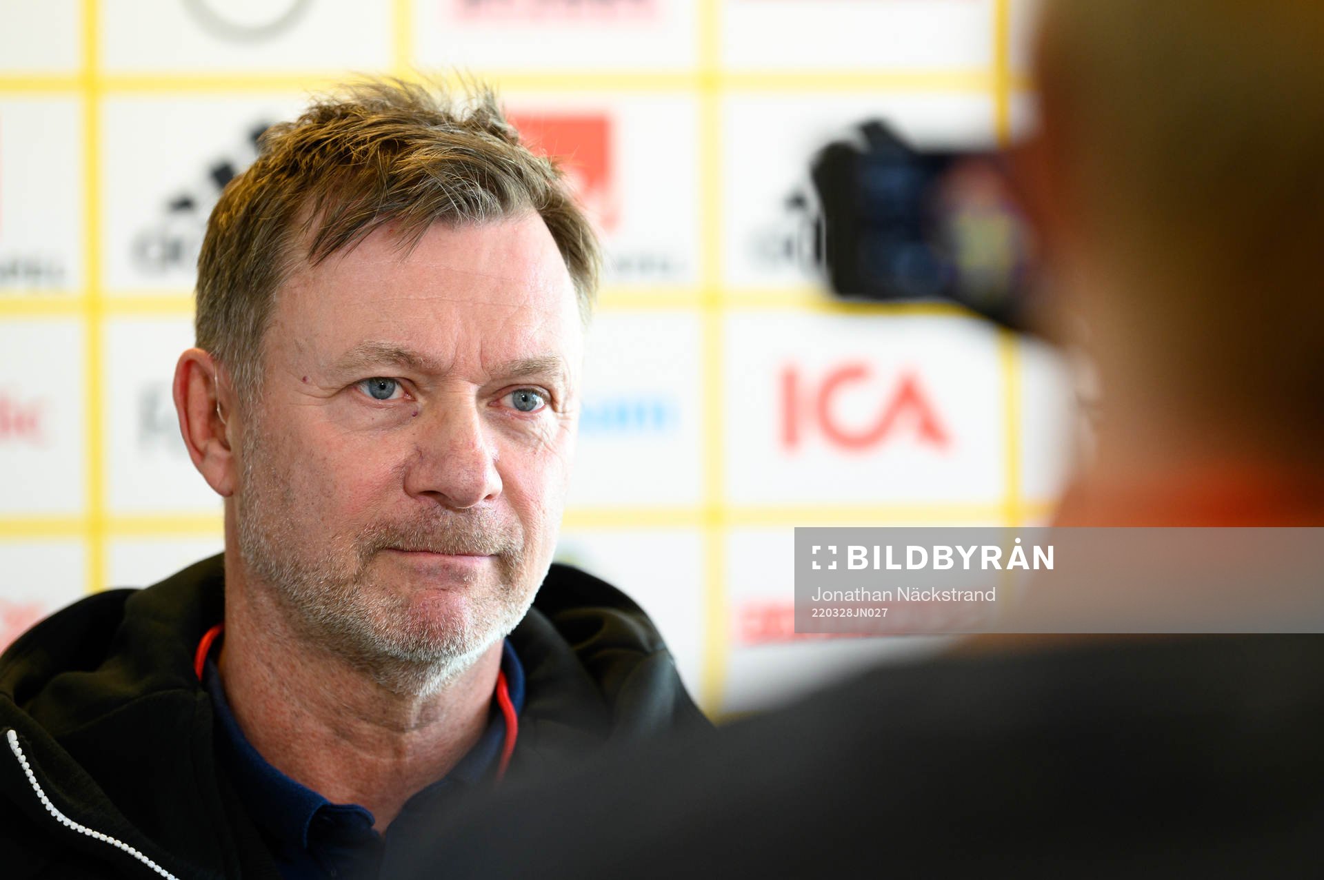 Head coach Peter Gerhardsson of the Swedish women’s national football team during a press conference on March 28, 2022 in Stockholm.