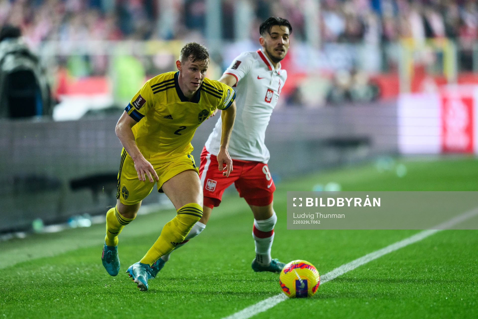 Emil Krafth of Sweden and Jakub Moder of Poland