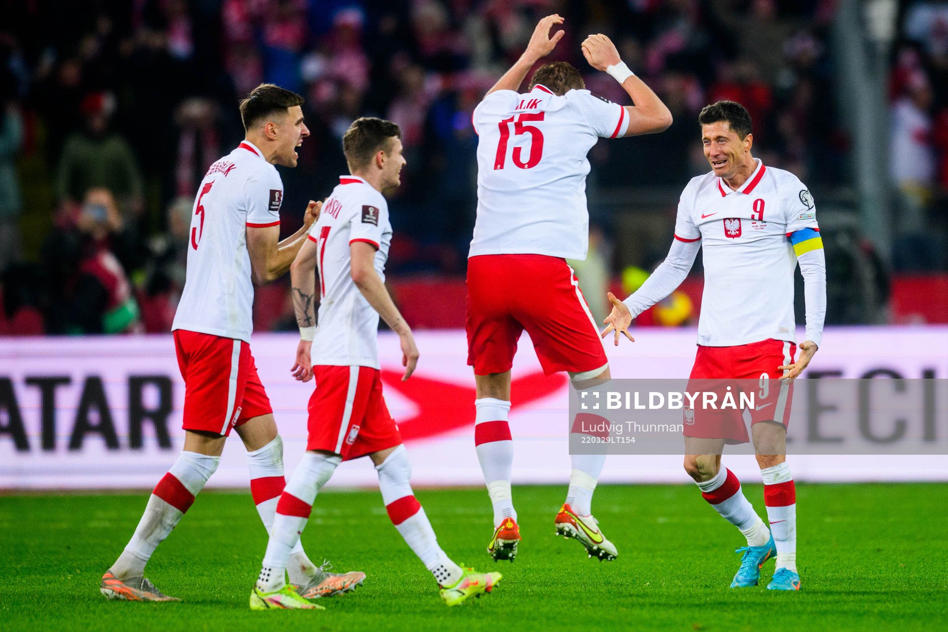 Robert Lewandowski of Poland celebrates after the FIFA World Cup Qualifier play-off final between Poland and Sweden on March 29, 2022 in Katowice.